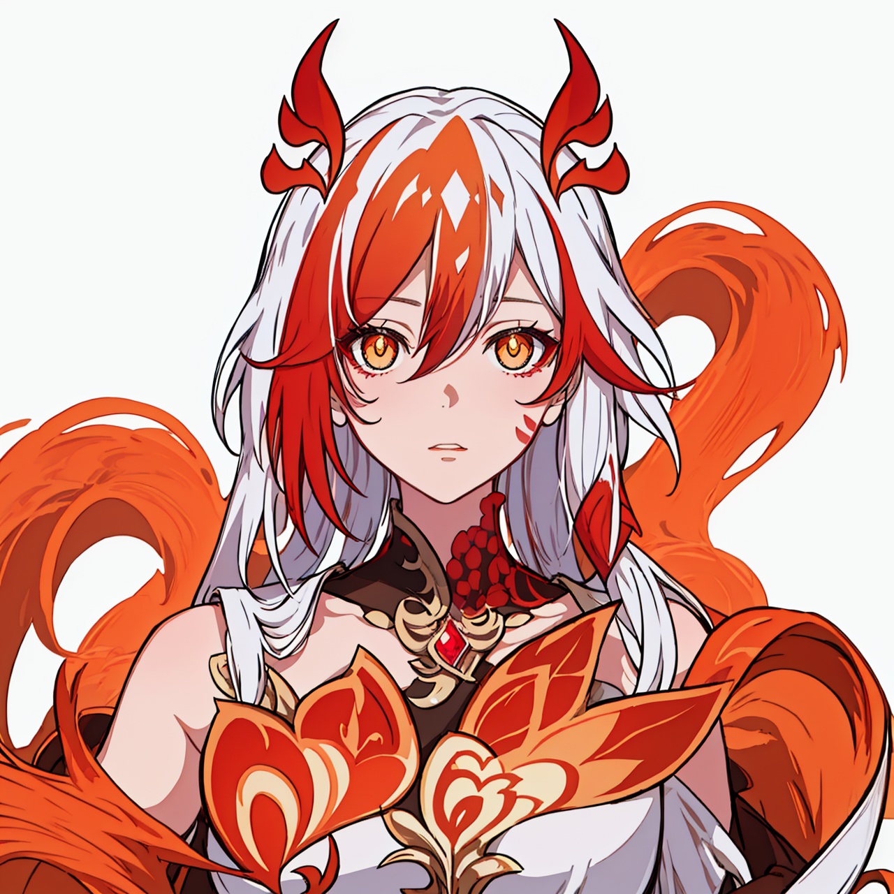 (masterpiece:1.3), (the best quality:1.2), (super fine illustrations:1.2), (Masterpiece), high quality, high detail,(white background:1.2), looking at viewer, (SOLO:1.4),outline,,simple background,gauntlets, mechanical parts, white skin, phoenix, shorts, collarbone, jewelry, twintails, eyelashes, elbow gloves,armor,red legwear,thighhighs,boots,facial mark,head wings,red gloves,two-tone hair,earrings,gloves,tassel,leotard,skirt,dress,elbow gloves,twintails,bare shoulders,tattoo,phoenix,ribbon,red ribbon,bangs,white hair,orange eyes,streaked hair,fu hua,orange hair,fiery hair,hair between eyes,multicolored hair,fiery wings,jewelry,hair ornament,gloves,hair ribbon,pattern on hair,logo,yellow pupils,diamond shaped pupils
