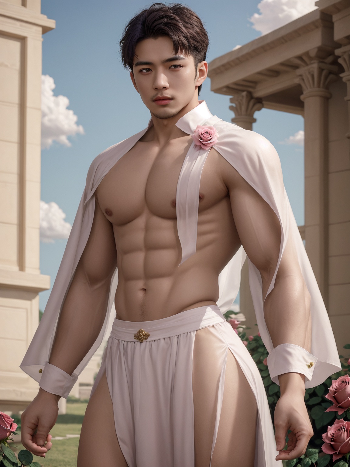  masterpiece,A devout believer,1 Man,(Asian male:0.6),Handsome,26 years old,A luxurious palace,Translucent white shirt,outdoors,sky,pink rose,short hair,Ancient Roman dress,(Dynamic posture:1.2),Ribbon,textured skin,super detail,best quality,,