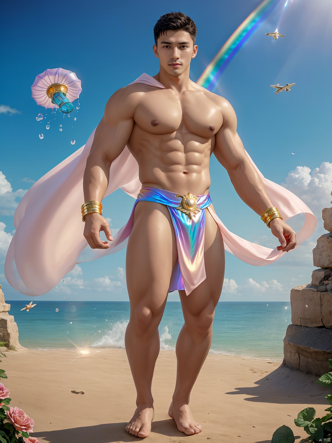 masterpiece, rainbow gold, Flight attitude, Characters floating in the air, 1 boy, Look at me, Handsome, Roman dress, Outdoor, Sea, Magic wheel, Whole body, Stand, Barefoot, Bracelet, Foot ring, Natural light, A fantastic scene, Blue jellyfish, Poseidon, Floating drops of water, textured skin, super detail, best quality,