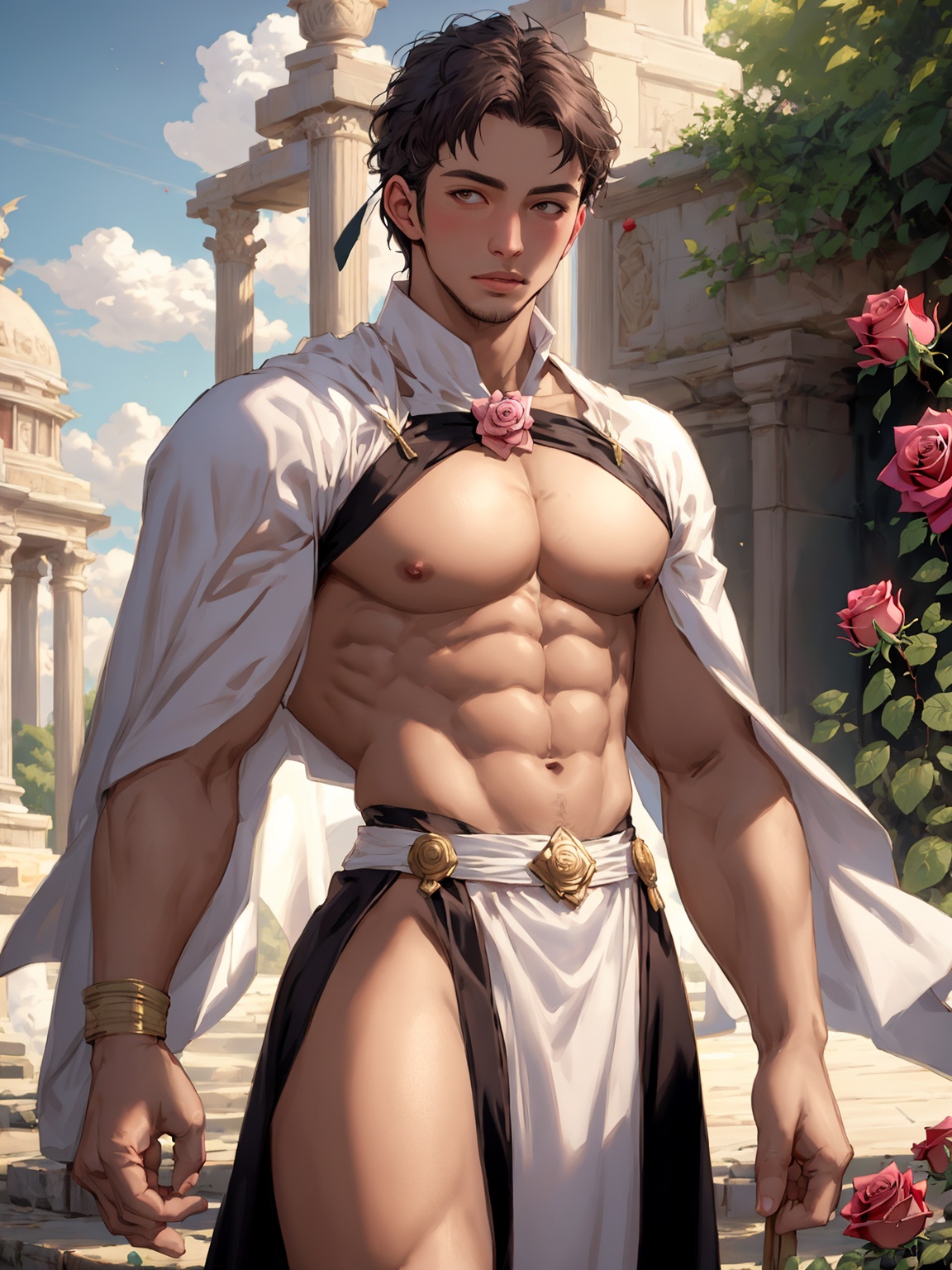 masterpiece,A devout believer,1 Man,(Asian male:0.6),Handsome,26 years old,A luxurious palace,Translucent white shirt,outdoors,sky,pink rose,short hair,Ancient Roman dress,(Dynamic posture:1.2),Ribbon,textured skin,super detail,best quality,, 1boy