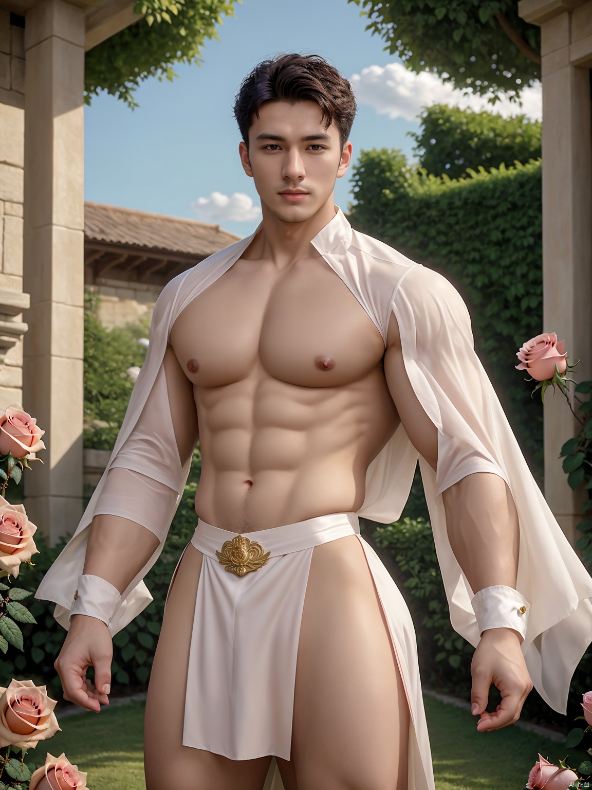 masterpiece,A devout believer,1 Man,(Asian male:0.6),Handsome,26 years old,A luxurious palace,Translucent white shirt,outdoors,sky,pink rose,short hair,Ancient Roman dress,(Dynamic posture:1.2),Ribbon,textured skin,super detail,best quality,