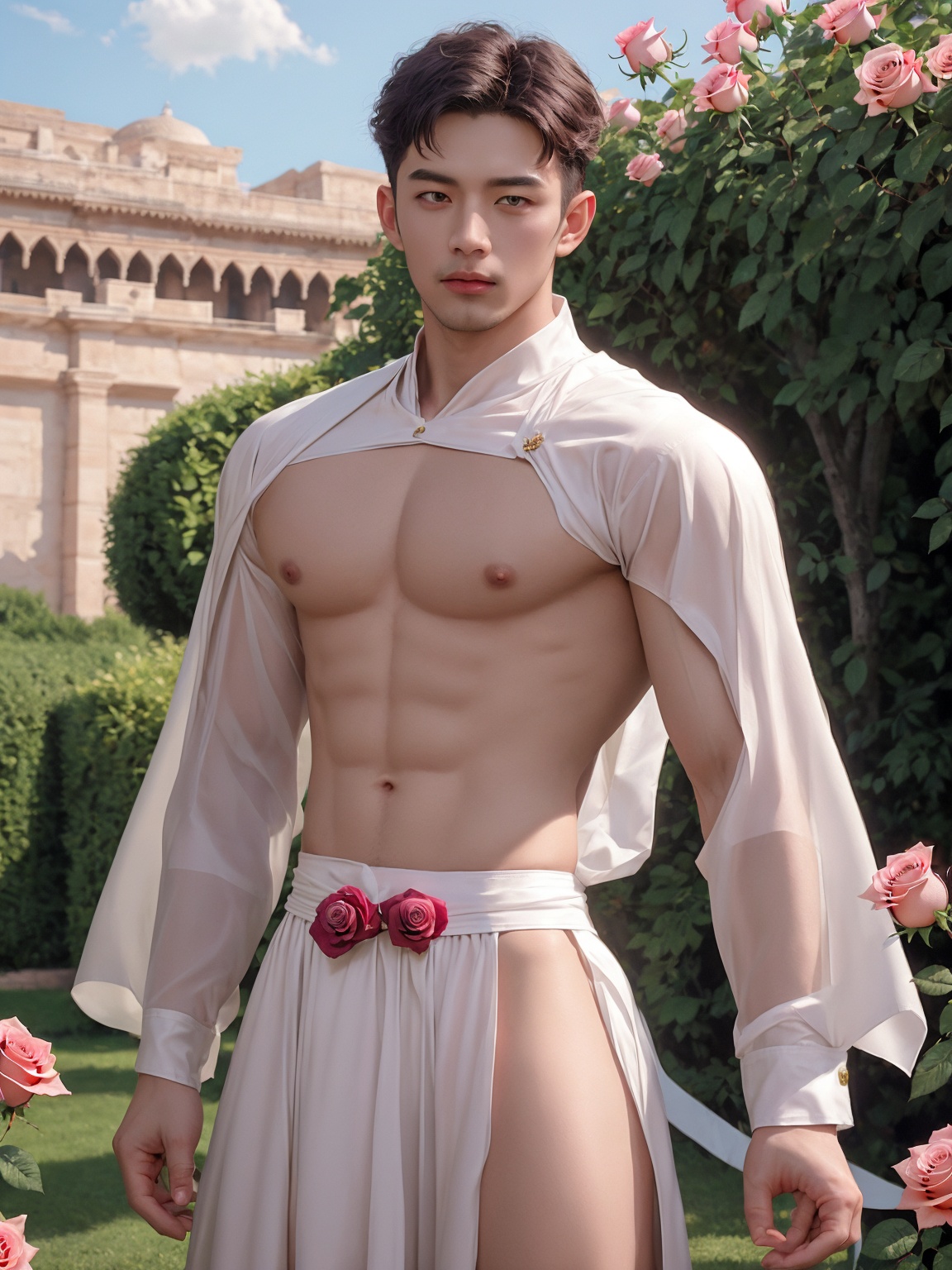  masterpiece,A devout believer,1 Man,(Asian male:0.6),Handsome,26 years old,A luxurious palace,Translucent white shirt,outdoors,sky,pink rose,short hair,Ancient Roman dress,(Dynamic posture:1.2),Ribbon,textured skin,super detail,best quality,,