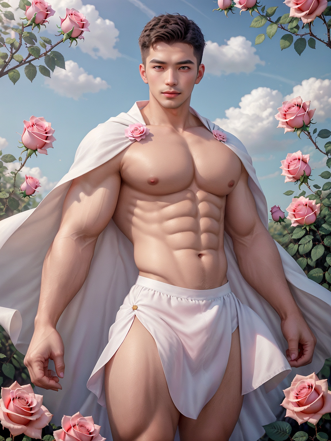  masterpiece,A devout believer,1 Man,(Asian male:0.6),Handsome,26 years old,Ribbon,Magic garden,Ancient Roman dress,sky,day,A pale blue sky,cloud,pink rose,pink flower,textured skin,super detail,best quality,