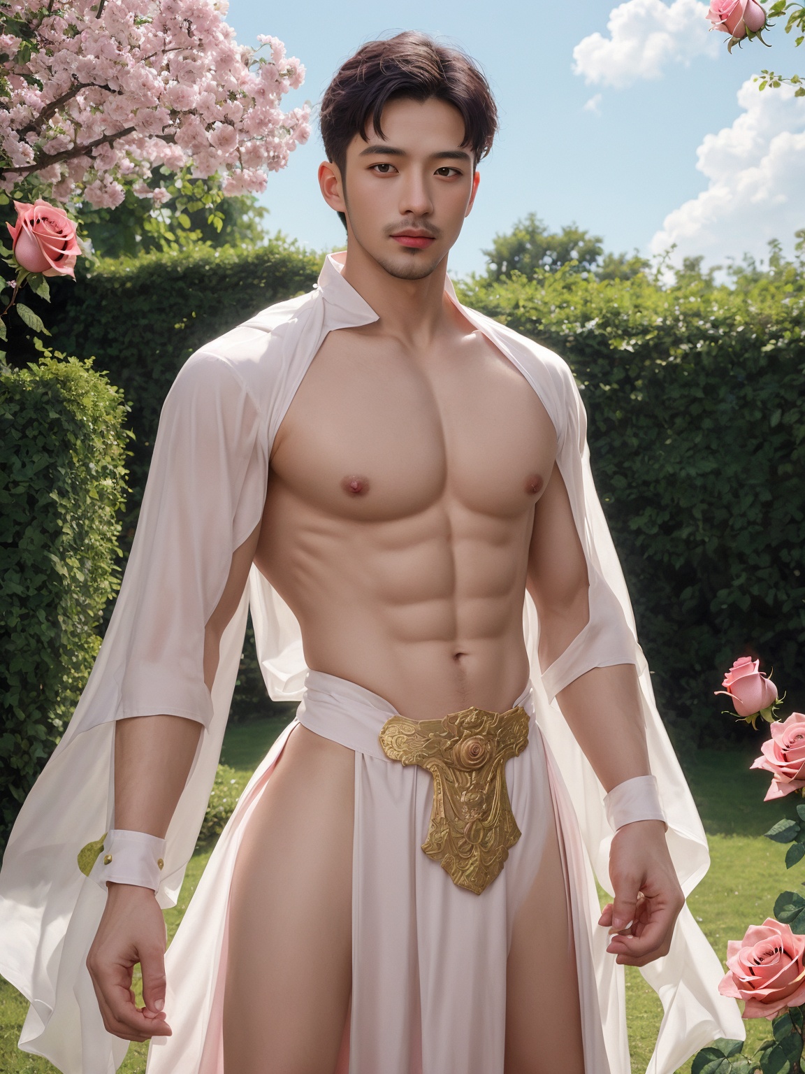  masterpiece,A devout believer,1 Man,(Asian male:0.6),Handsome,26 years old,A luxurious palace,Translucent white shirt,outdoors,sky,pink rose,short hair,Ancient Roman dress,(Dynamic posture:1.2),Ribbon,textured skin,super detail,best quality,,