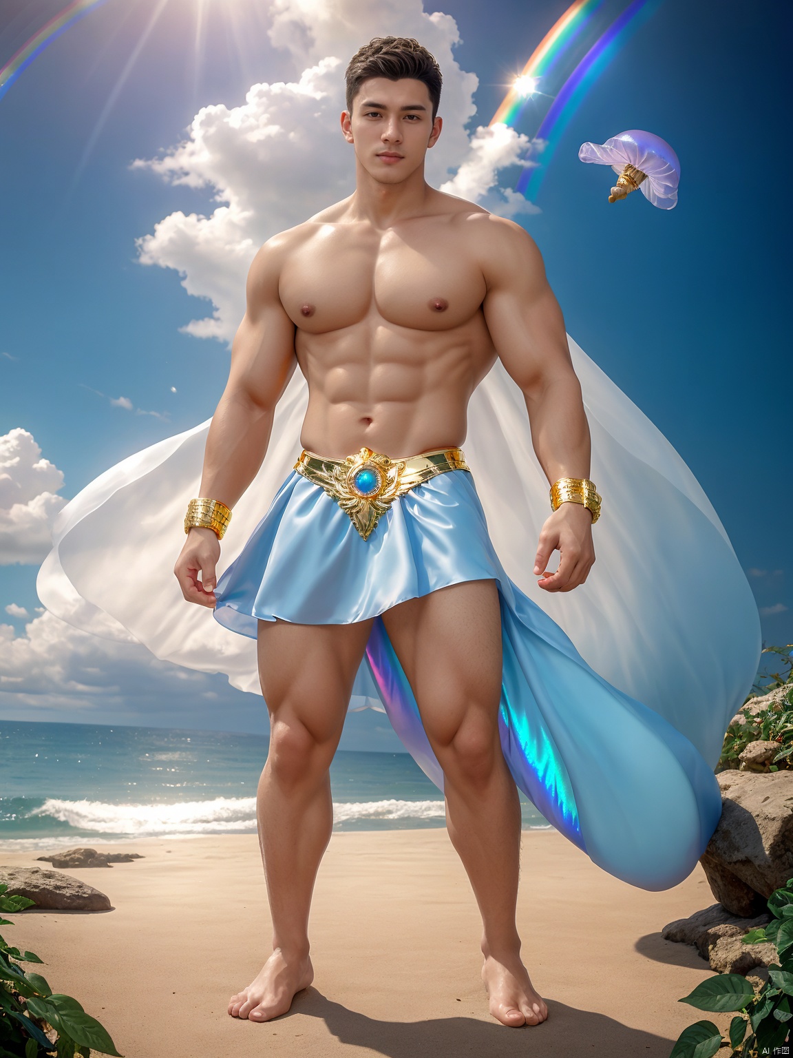 masterpiece, rainbow gold, 1 boy, Look at me, Handsome, Roman dress, Outdoor, Sea, Magic wheel, Whole body, Stand, Barefoot, Bracelet, Foot ring, Natural light, A fantastic scene, Blue jellyfish, Poseidon, textured skin, super detail, best quality,