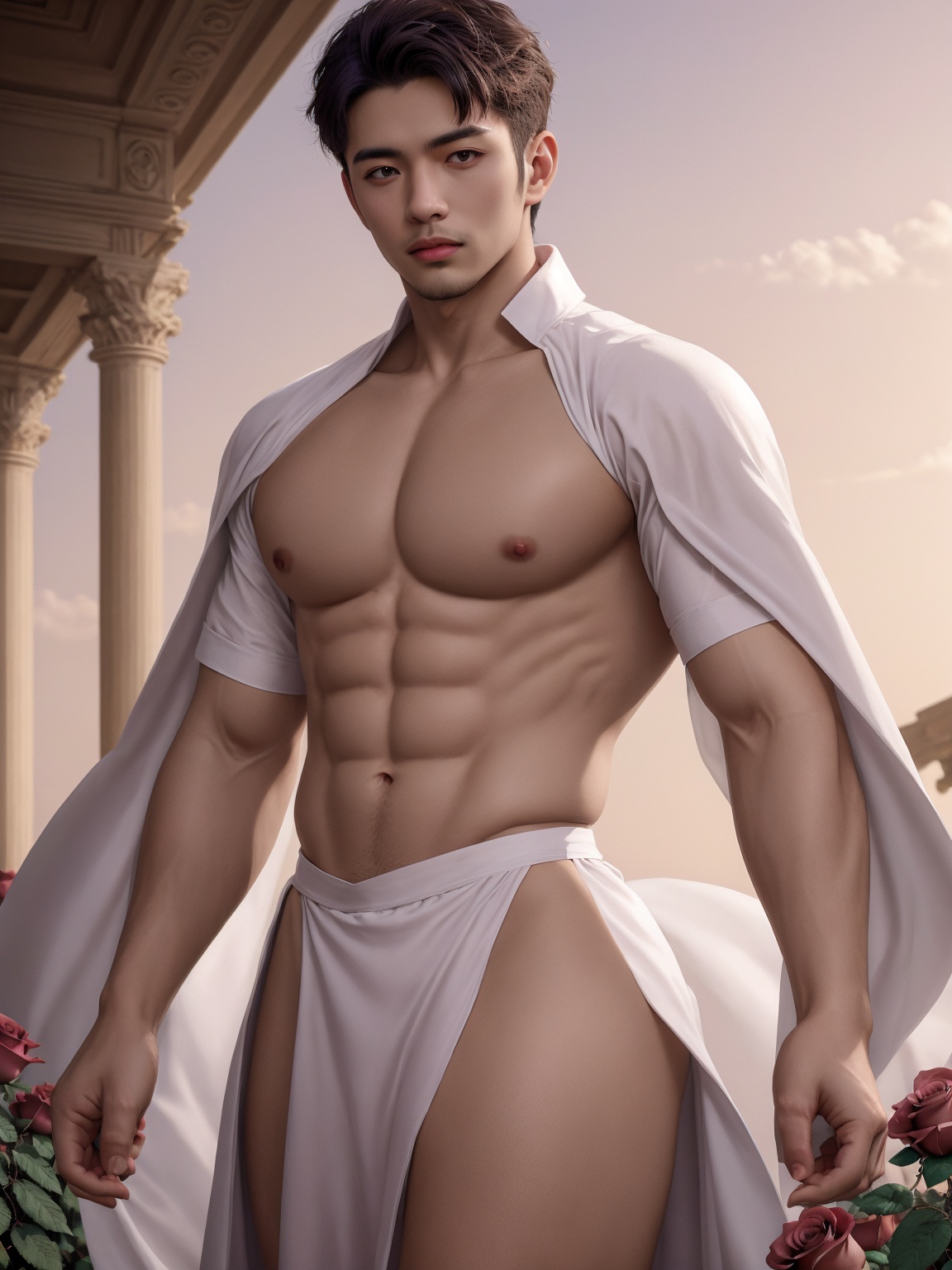  masterpiece,A devout believer,1 Man,(Asian male:0.6),Handsome,26 years old,A luxurious palace,Translucent white shirt,outdoors,sky,pink rose,short hair,Ancient Roman dress,(Dynamic posture:1.2),Ribbon,textured skin,super detail,best quality,,