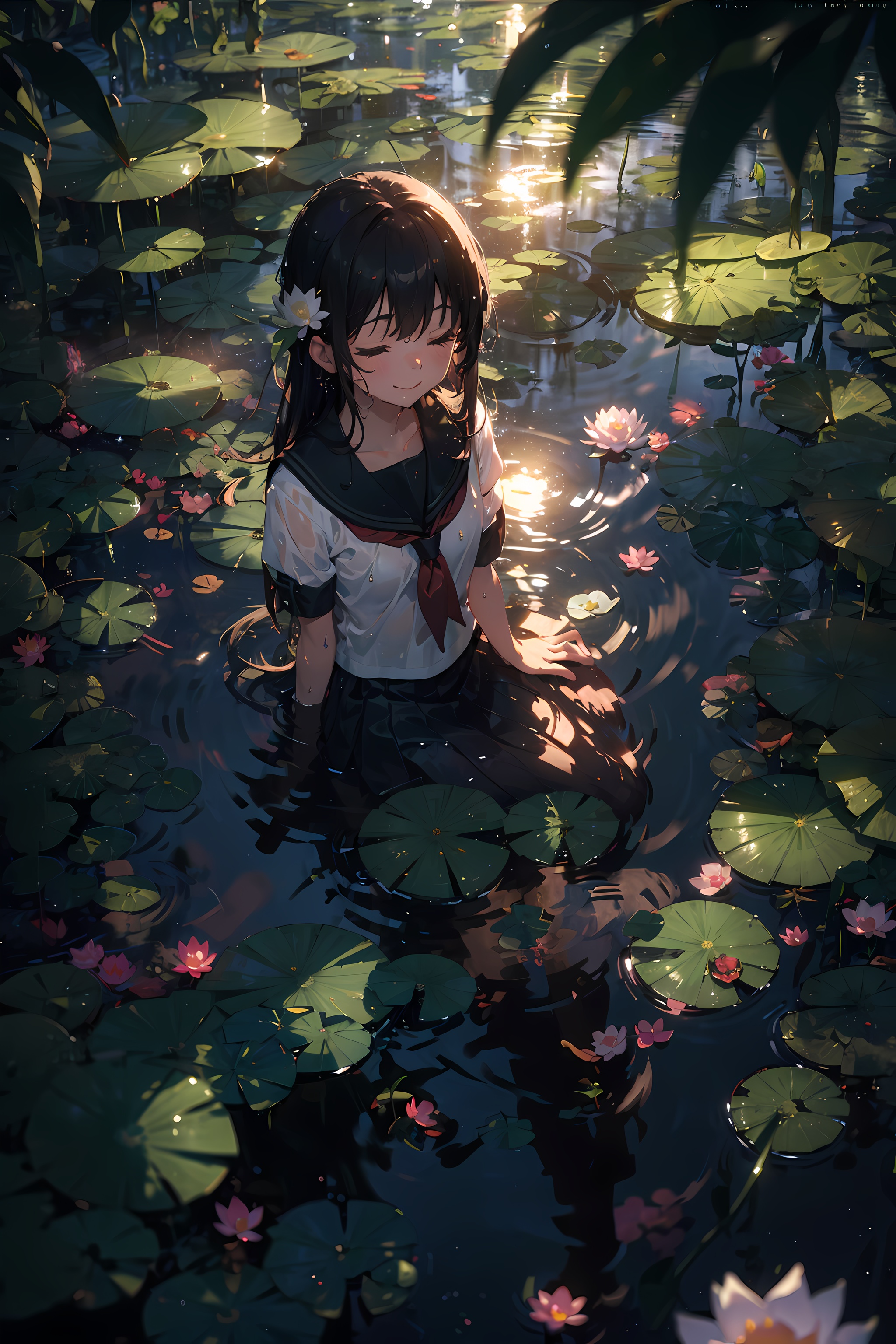1girl,  sitting,  pond on Tensor.Art