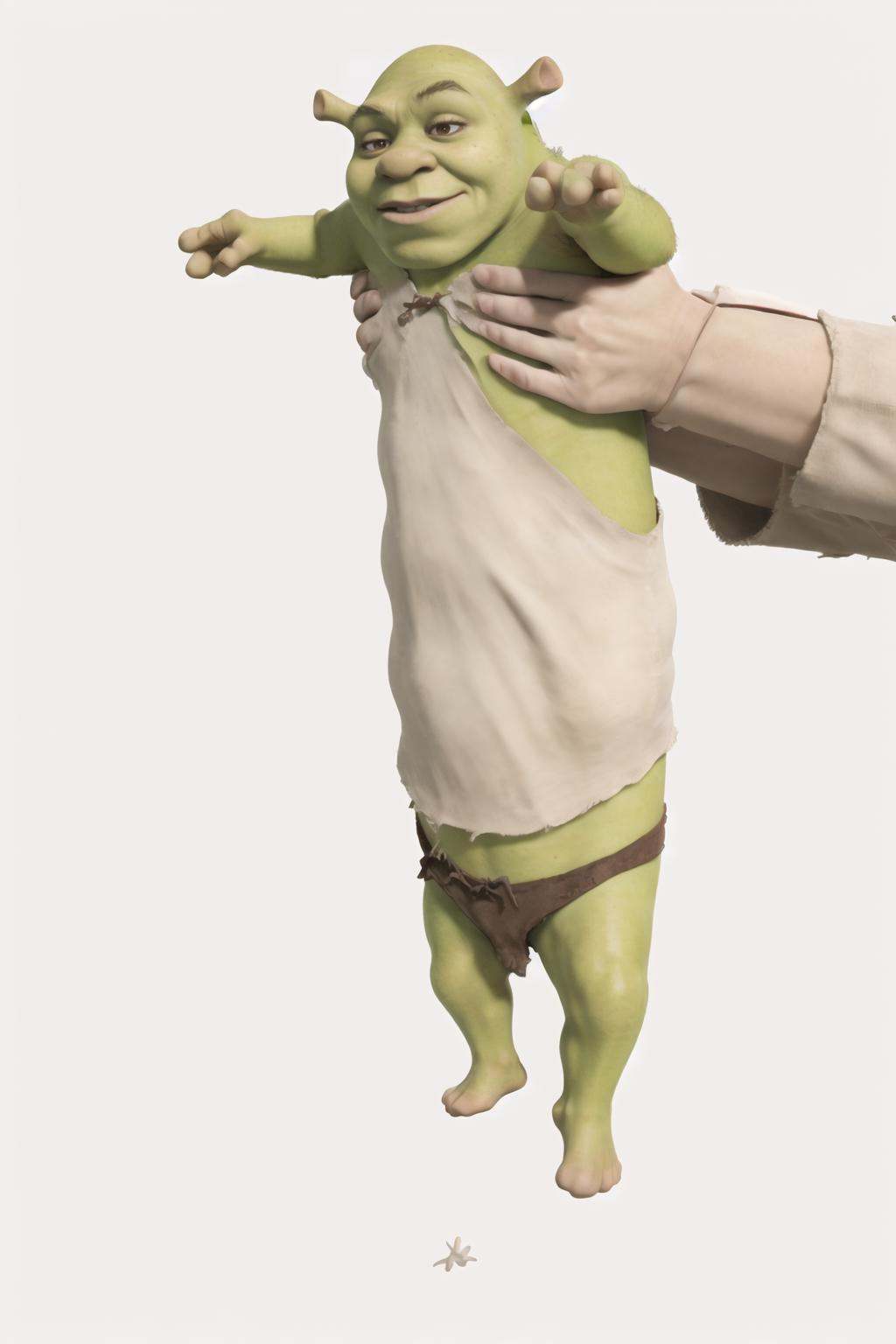 High Quality, Masterpiece,  <lora:LongcatMemeSolo:1.3>, incrslcmsolo, full body, simple background, white background, shrex, green skin, ogre, shrek, <lora:Char_Sigmas_Shrek:0.9>, chibi