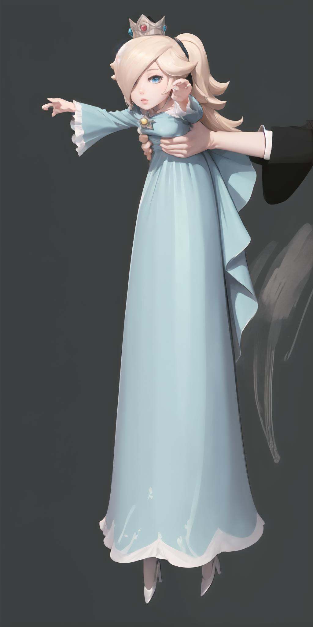 High Quality, Masterpiece,  <lora:LongcatMemeSolo:1>, incrslcmsolo, full body, simple background, white background, 1girl, chibi, IncrsRosalinaDef, blue dress, <lora:Char_MarioSeries_Rosalina:0.85>