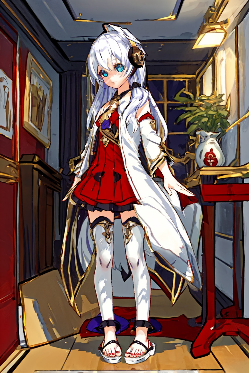 best quality,highly detailed,masterpiece,ultra-detailed,1girl,solo,full body,beautiful detailed eyes,game_cg,long hair,white hair,japanese_clothes,slippers,barefoot,headphones,medium breast,solo,loli,expressionless,stare,stand,head tilt,Bare arms