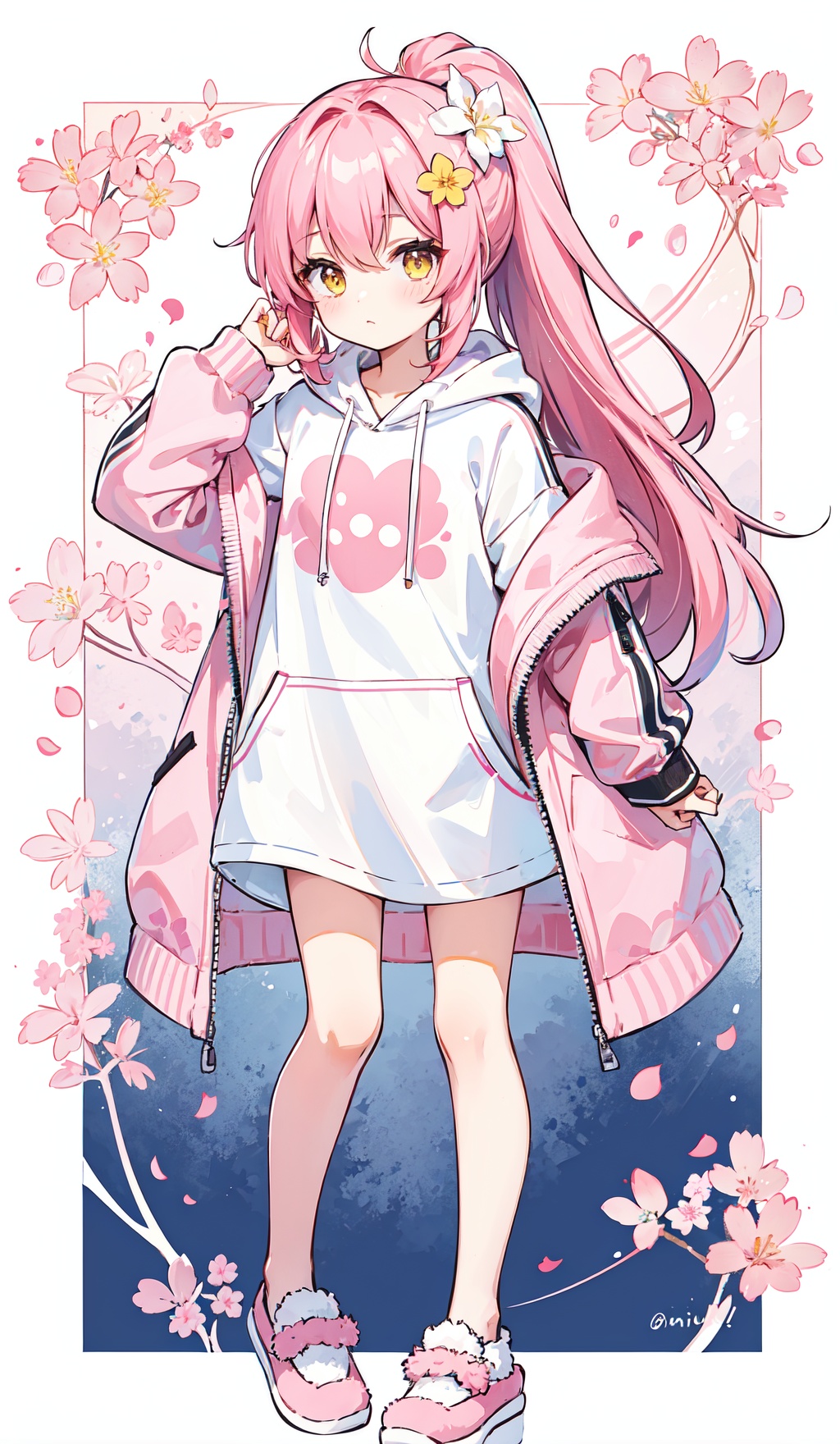  1petite loli, solo.pink hair, long pink hair, (yellow eyes),puffy sleeves,fur-trimmed jacket, hair flower, fipped hair, high ponytail, loose over_sized Casual T-shirt, white shirt, hoodie coat, bare legs, slippers;relaxed, one-eye_closed, adjusting hair, looking at viewer, standing., yinyou,yinyou color