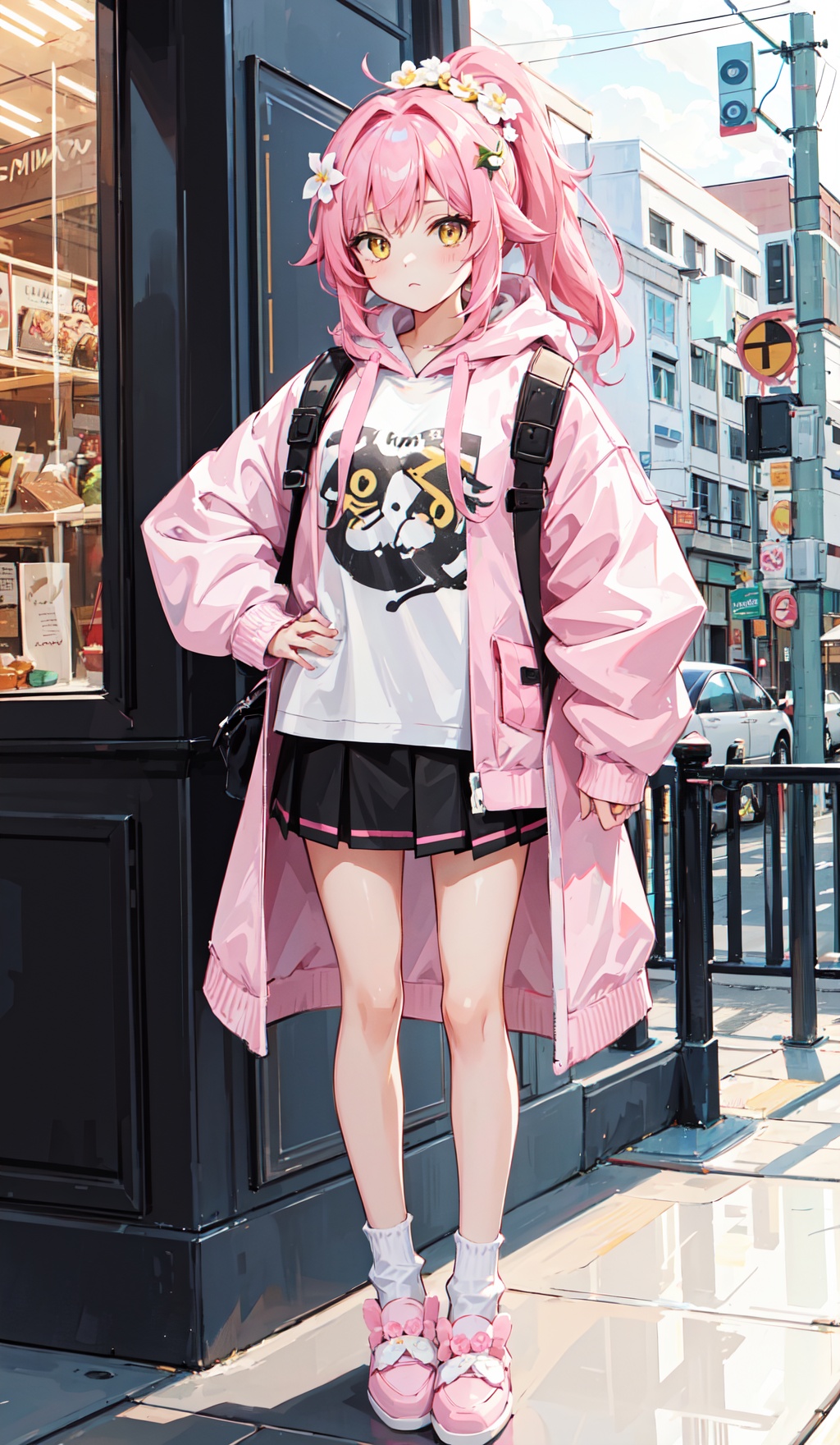  1petite loli, solo.pink hair, long pink hair, (yellow eyes),puffy sleeves,fur-trimmed jacket, hair flower, fipped hair, high ponytail, loose over_sized Casual T-shirt, white shirt, hoodie coat, bare legs, slippers;relaxed, one-eye_closed, adjusting hair, looking at viewer, standing.