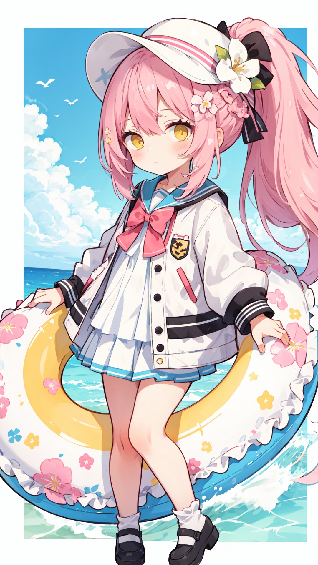  {an extremely delicate and beautiful girl}, 8k wallpaper, {masterpiece},{an extremely delicate and beautiful girl}, 8k wallpaper, {masterpiece},loli,Pink hair,Yellow eyes,high ponytail,beach,high ponytail, ,hair flower,frilled shirt collar,facula,spot,messy hair,fipped hair,floating hair,(petite),(loli),(solo),(open jacket),staring,blank stare, visor,towel, ribbon,sun hat,innertube,sail, chibi, tuyagirl