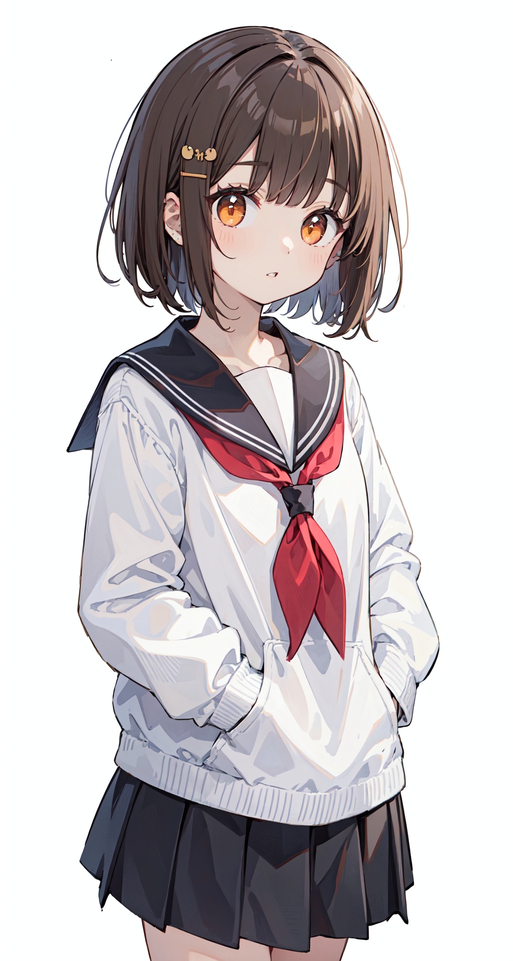  solo, 1girl, sleeves past wrists, school uniform, sleeves past fingers, skirt, simple background, bangs, hair ornament, serafuku, white background, short hair, parted lips, pleated skirt, long sleeves, muted color, neckerchief, brown hair, sailor collar, black skirt, blunt bangs, cowboy shot, orange eyes, black sailor collar, looking at viewer