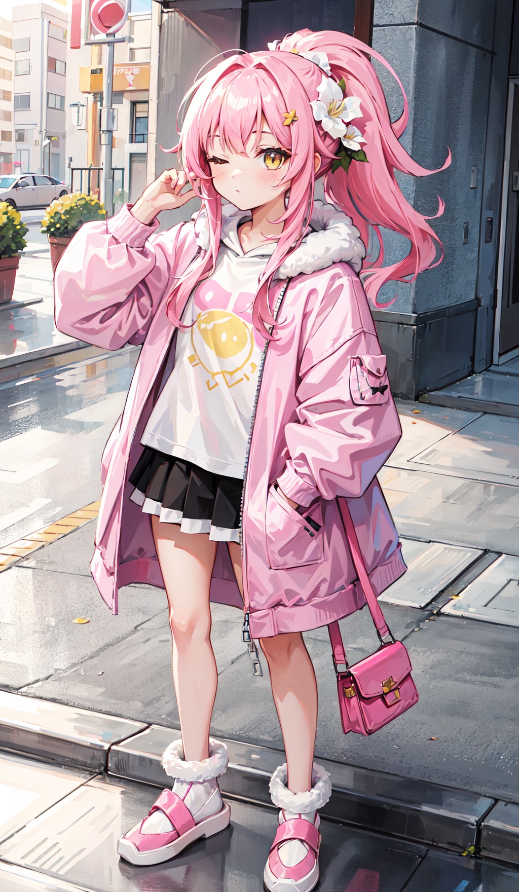  1petite loli, solo.pink hair, long pink hair, (yellow eyes),puffy sleeves,fur-trimmed jacket, hair flower, fipped hair, high ponytail, loose over_sized Casual T-shirt, white shirt, hoodie coat, bare legs, slippers;relaxed, one-eye_closed, adjusting hair, looking at viewer, standing.