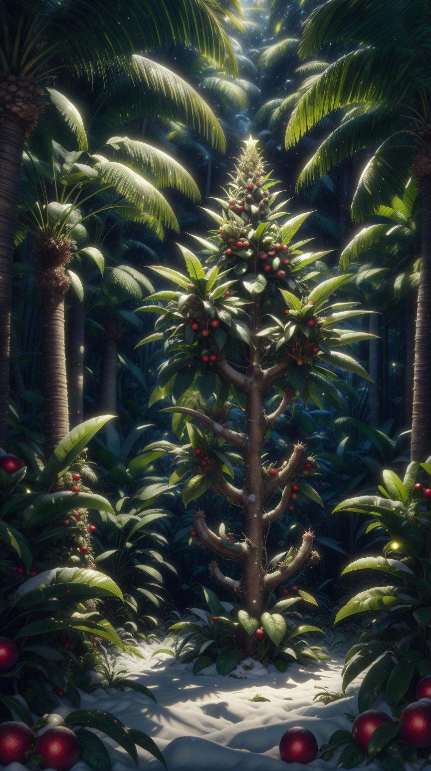 <lora:ChristmasWintery:0.8> ChristmasWintery lush banana plants laden with ripe fruit in a tropical forest, (Masterpiece:1.3) (best quality:1.2) (high quality:1.1)