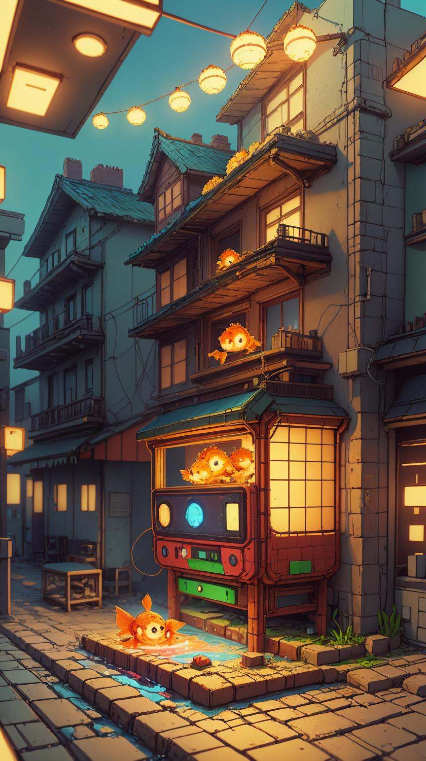NESVoxelStyle fantasy art of glowing goldfish swimming in the air,  in the streets of a japanese town at night,  with peop...