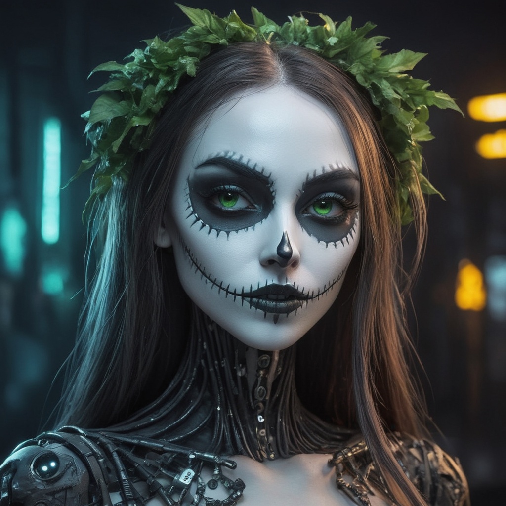 creepy Cyberpunk artwork inspired by Jack Skellington from The Nightmare Before Christmas,  set in a futuristic fashion cy...