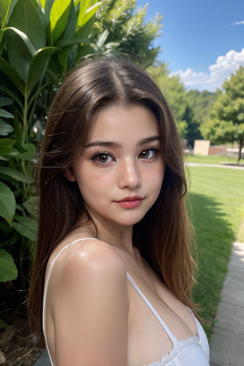 best quality, masterpiece, ultra high res,1girl, big breast, looking at viewer,pure color background, designed by David Walker, Carl Kleiner, portrait,close up of a Tiny Belarusian (Girl:1.3) , face is a combination of Drew Barrymore and Jenna Coleman, [Bedouin|Czech] background, foliage, Very wide view, Vivid, Regret, Britpop, Starlight, Cinestill, Iphone X, F/14