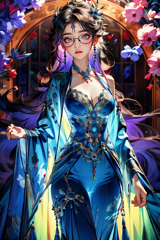  (earrings), colorful outfit,middle long hair,glasses,suit, 1girl, faxa