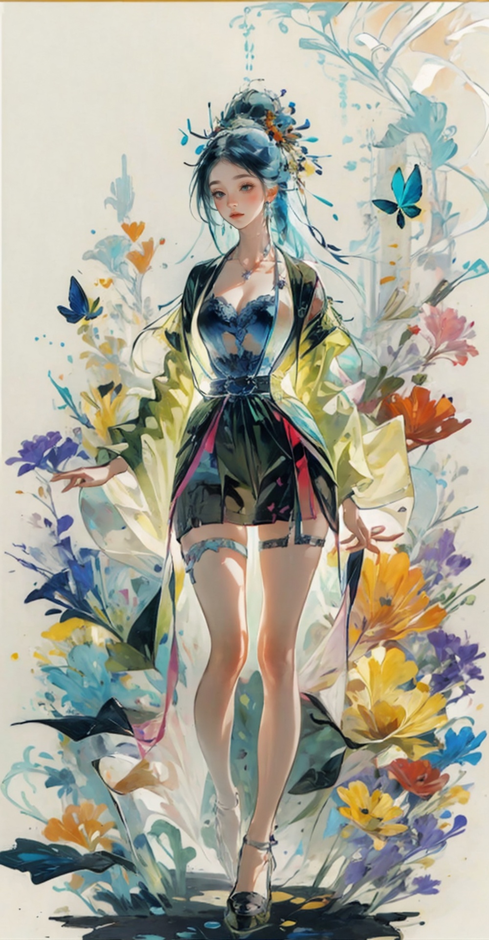  Girl, butterfly, forest, sunset, falling flowers, blue hair, long hair, long legs, high-definition, jellyfishforest, midjourney portrait, qingsha, faxa