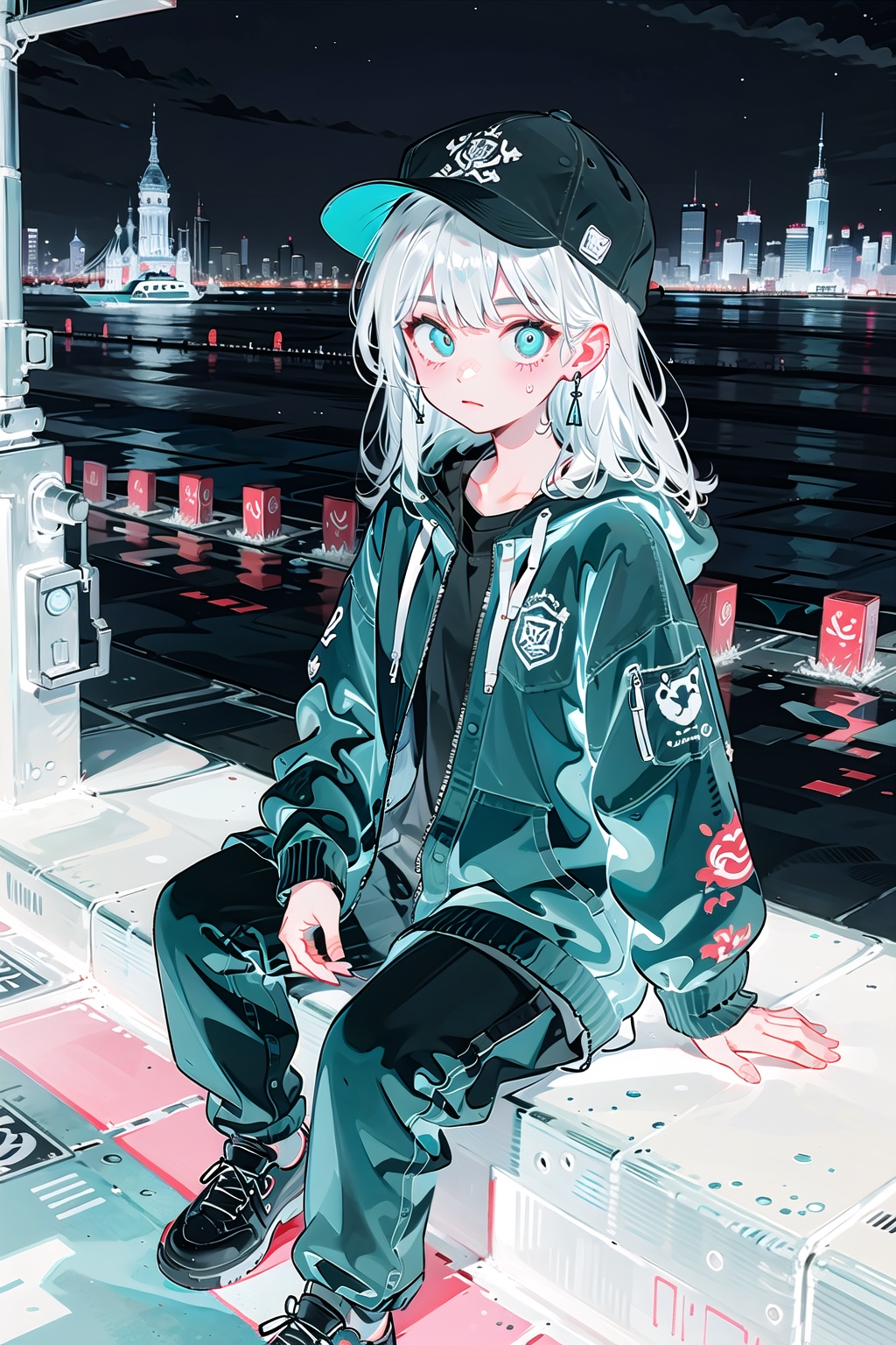  skyscraper, building, city, cityscape, hat, earrings, baseball_cap, 1girl, long_hair, jacket, chain-link_fence, hood, bridge, solo, architecture, shoes, sitting, city_lights, east_asian_architecture, looking_at_viewer, , neonpunkai, BJ_Violent_graffiti, midjourney, Urban techwear,Outfit, bichu, faxa