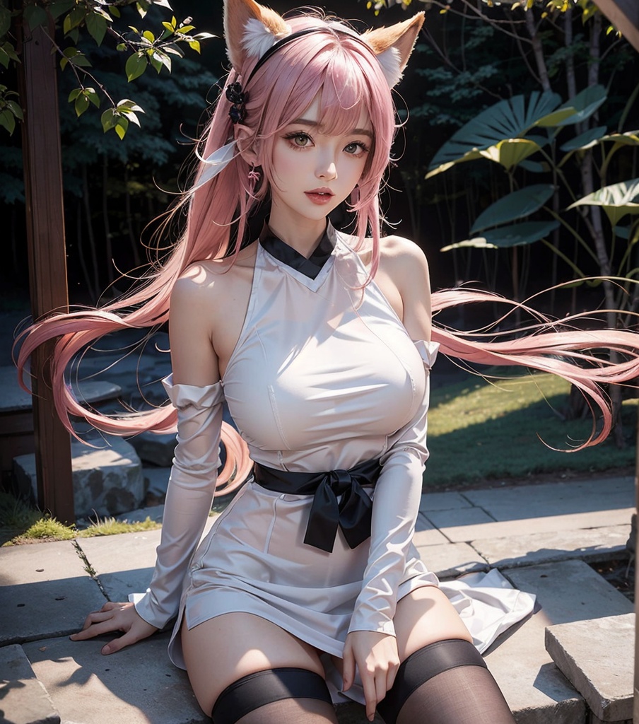 1girl, yae miko, full body, Stand naked, naked, sexy, band With a sweet smil, white pantyhose, big sexy sister, big boobs, detached sleeves,bare shoulders,hair between eyes,bangs,hair ornament,blurry,jewelry,animal ears,fox ears,earrings,white shirt, white thighhighs, ((masterpiece, best quality)), mixes realistic and fantastical elements, vibrant manga, uhd image, glassy translucence, best quality, 8k,cg, first person perspective,pink hair, blackpantyhose