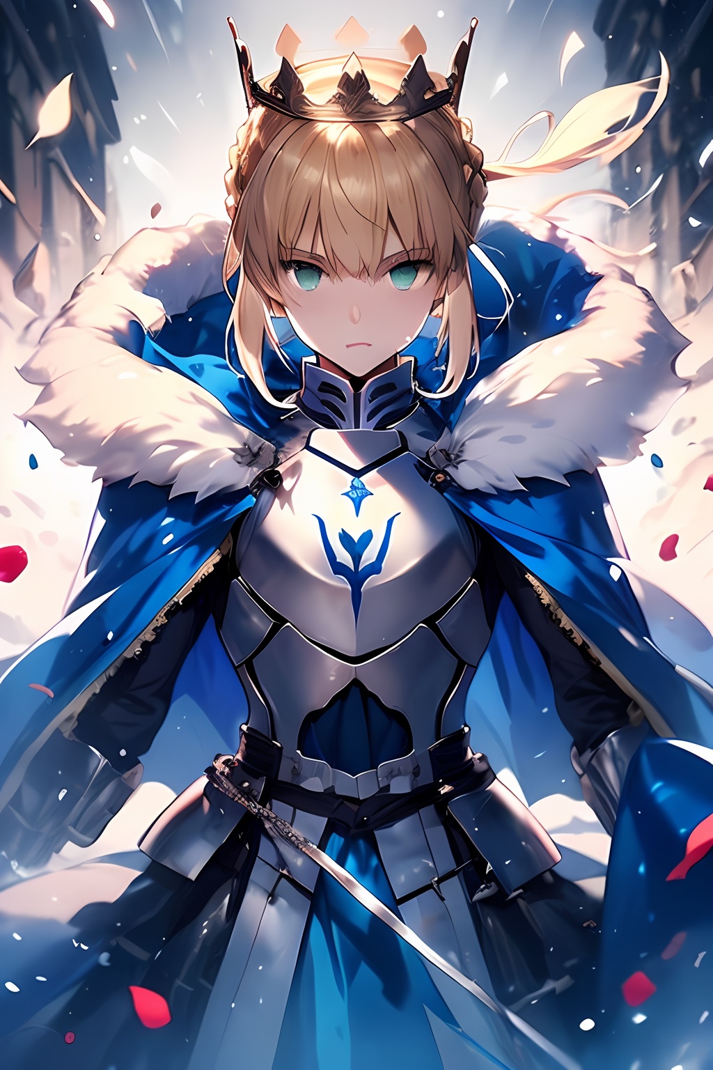 1girl, solo, looking at viewer, short hair, bangs, blonde hair, white background, ribbon, hair between eyes, closed mouth, green eyes, upper body, braid, flower, ahoge, sidelocks, cape, armor, fur trim, petals, rose, chain, crown, gauntlets, cloak, french braid, breastplate, armored dress, blue cape, fur-trimmed cape, fur-trimmed cloak, blue cloak, artoria pendragon (fate), saber, beauty, UHD, 4K, 1080P