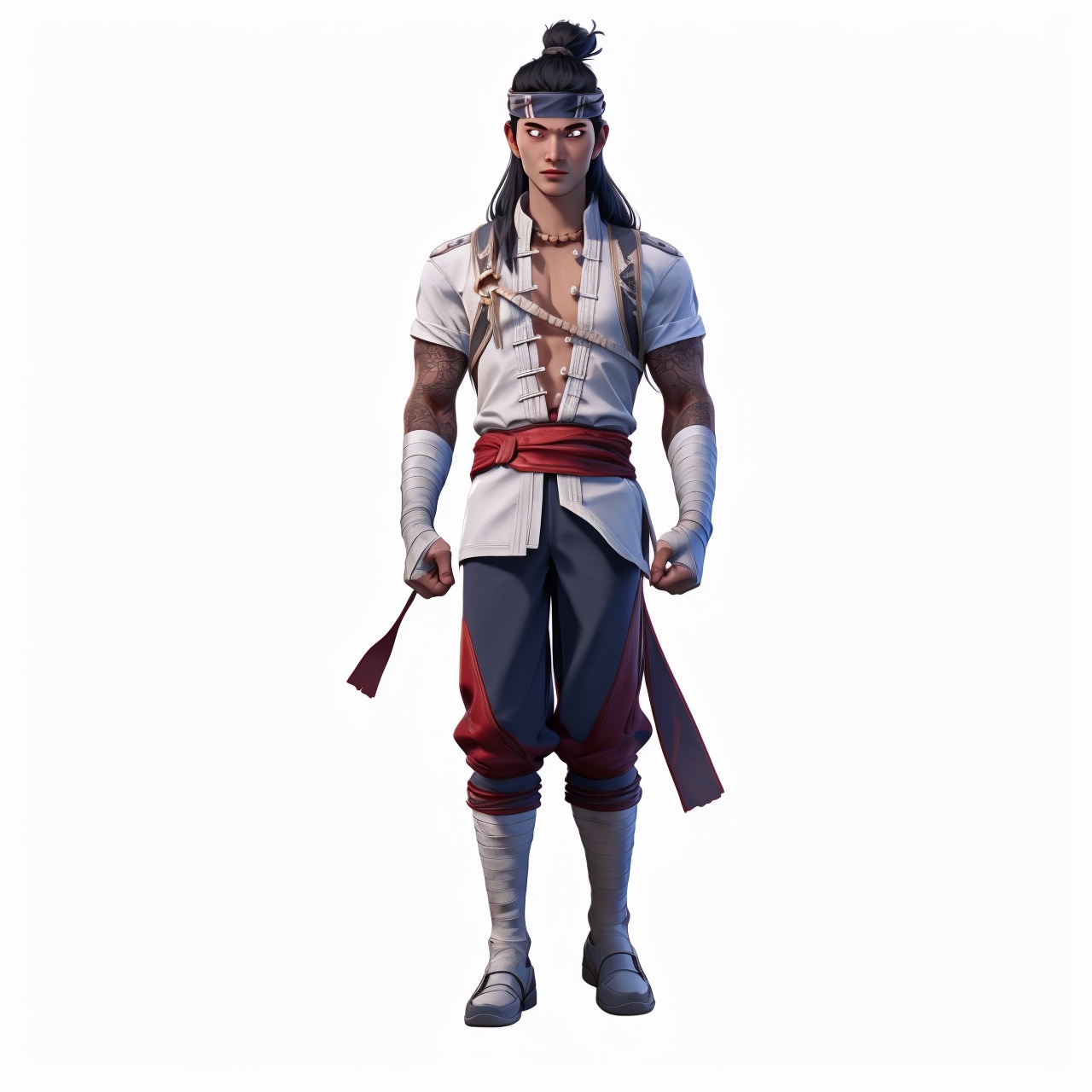  (masterpiece:1.3), (the best quality:1.2), (super fine illustrations:1.2), (Masterpiece), high quality, high detail, ((white background:1.2)), looking at viewer, (SOLO:1.4), outline, , simple background, chinese clothes, muscular, ankle wrap, white shirt, bandaged leg, tattoo, armor, choker, logo, vest, jacket, earrings, manly, pants, necklace, belt, jewelry, wrist wrap, fire, flame, bandaged hand, arm wrap, bandaged arm, long hair, headband, black hair,1boy