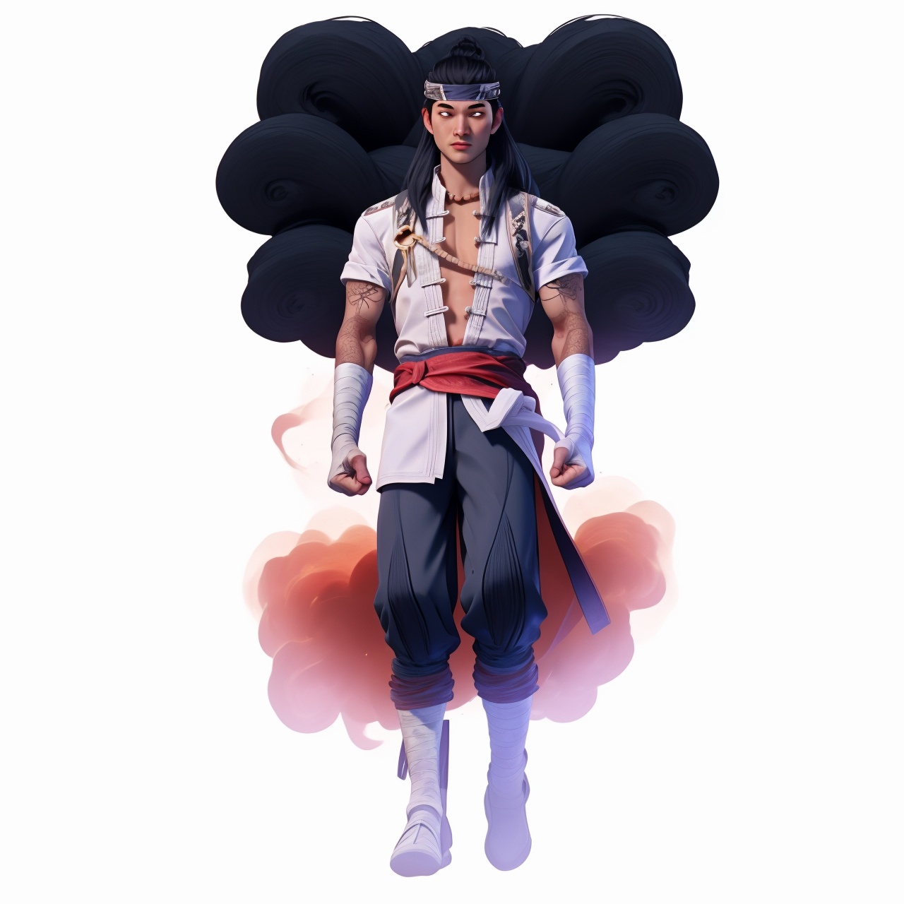  (masterpiece:1.3), (the best quality:1.2), (super fine illustrations:1.2), (Masterpiece), high quality, high detail, ((white background:1.2)), looking at viewer, (SOLO:1.4), outline, , simple background, chinese clothes, muscular, ankle wrap, white shirt, bandaged leg, tattoo, armor, choker, logo, vest, jacket, earrings, manly, pants, necklace, belt, jewelry, wrist wrap, fire, flame, bandaged hand, arm wrap, bandaged arm, long hair, headband, black hair,1boy