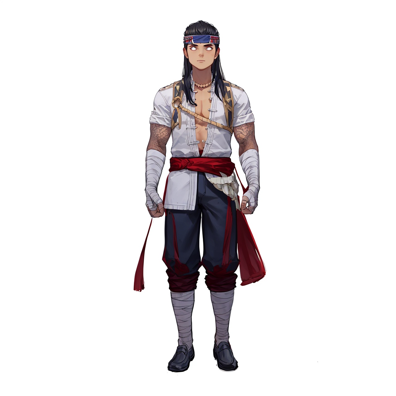  (masterpiece:1.3), (the best quality:1.2), (super fine illustrations:1.2), (Masterpiece), high quality, high detail, ((white background:1.2)), looking at viewer, (SOLO:1.4), outline, , simple background, chinese clothes, muscular, ankle wrap, white shirt, bandaged leg, tattoo, armor, choker, logo, vest, jacket, earrings, manly, pants, necklace, belt, jewelry, wrist wrap, fire, flame, bandaged hand, arm wrap, bandaged arm, long hair, headband, black hair,1boy
