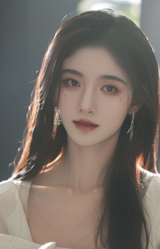 HDR,UHD,8K,A real person,Highly detailed,best quality,masterpiece,1girl,realistic,Highly detailed,(EOS R8, 50mm, F1.2, 8K, RAW photo:1.2),ultra realistic 8k,(best illumination, best shadow, extremely delicate and beautiful),(official art, beautiful and aesthetic:1.2),solo,1girl,flowing hair,Dynamic pose,looking_at_viewer,perfect body,1girl,solo,jewelry,long hair,earrings,bag,shirt,black hair,crop top,midriff,standing,oily skin,xiaoju,applying_makeup,mole,(illumination),sunlight shining on the face,medium breast,Upper