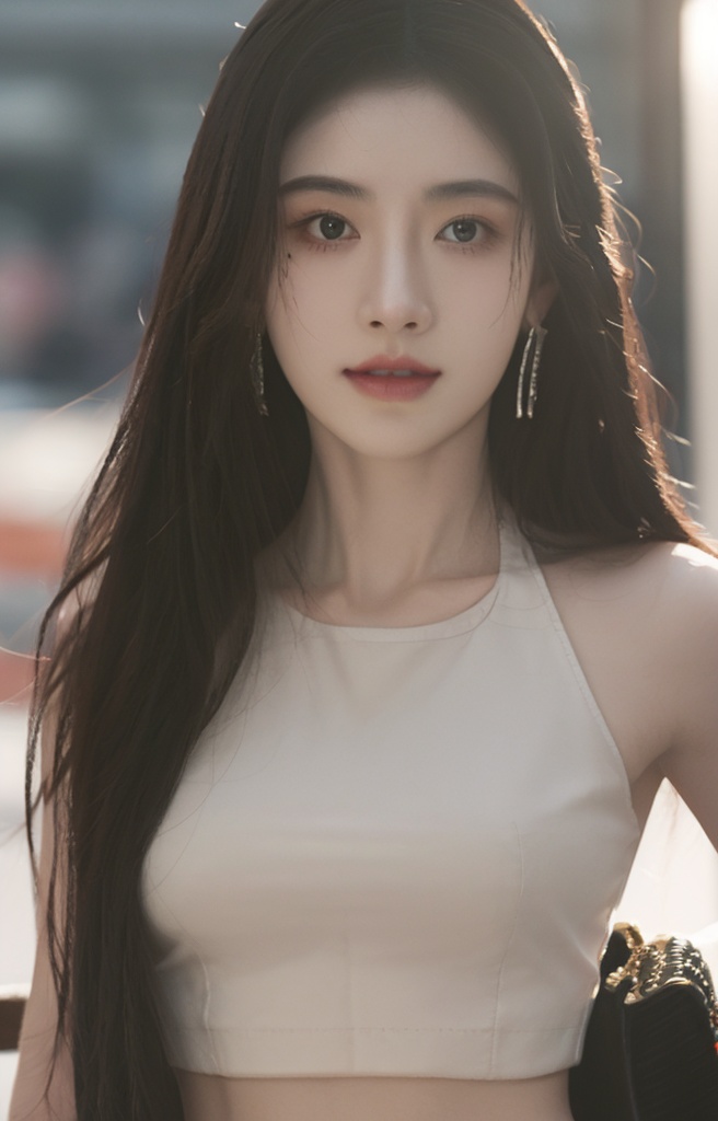 HDR,UHD,8K,A real person,Highly detailed,best quality,masterpiece,1girl,realistic,Highly detailed,(EOS R8, 50mm, F1.2, 8K, RAW photo:1.2),ultra realistic 8k,(best illumination, best shadow, extremely delicate and beautiful),(official art, beautiful and aesthetic:1.2),solo,1girl,flowing hair,Dynamic pose,looking_at_viewer,perfect body,1girl,solo,jewelry,long hair,earrings,bag,shirt,black hair,crop top,midriff,standing,oily skin,xiaoju,applying_makeup,mole,(illumination),sunlight shining on the face,medium breast