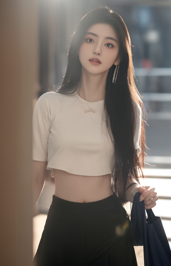 HDR,UHD,8K,A real person,Highly detailed,best quality,masterpiece,1girl,realistic,Highly detailed,(EOS R8, 50mm, F1.2, 8K, RAW photo:1.2),ultra realistic 8k,(best illumination, best shadow, extremely delicate and beautiful),(official art, beautiful and aesthetic:1.2),solo,1girl,flowing hair,Dynamic pose,looking_at_viewer,perfect body,1girl,solo,jewelry,long hair,earrings,bag,shirt,black hair,crop top,midriff,standing,oily skin,xiaoju,applying_makeup,mole,(illumination),sunlight shining on the face,medium breast