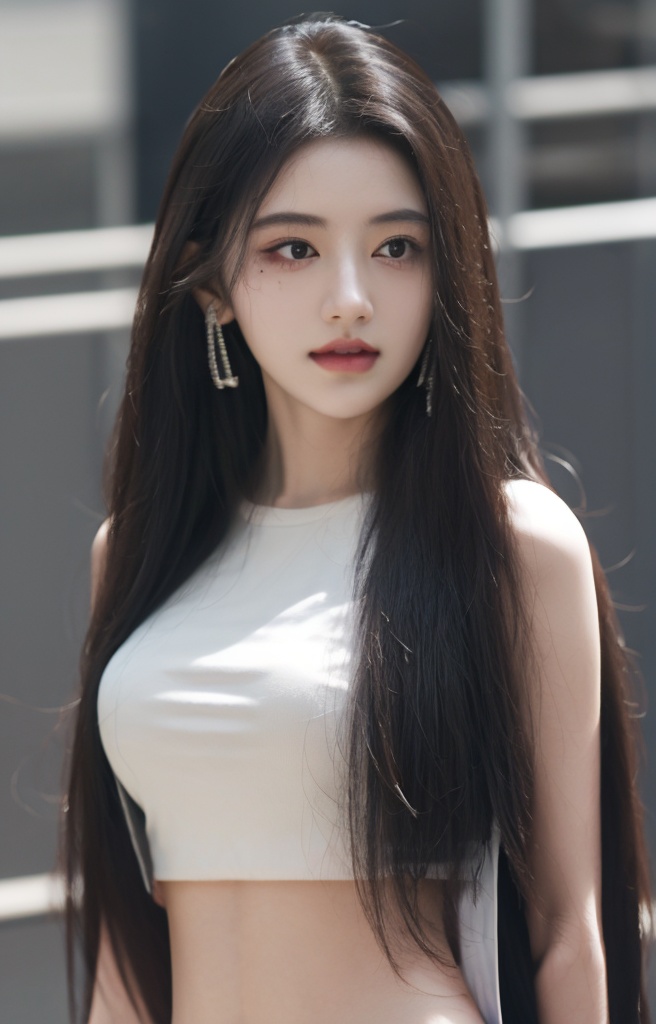 HDR,UHD,8K,A real person,Highly detailed,best quality,masterpiece,1girl,realistic,Highly detailed,(EOS R8, 50mm, F1.2, 8K, RAW photo:1.2),ultra realistic 8k,(best illumination, best shadow, extremely delicate and beautiful),(official art, beautiful and aesthetic:1.2),solo,1girl,flowing hair,Dynamic pose,looking_at_viewer,perfect body,1girl,solo,jewelry,long hair,earrings,bag,shirt,black hair,crop top,midriff,standing,oily skin,xiaoju,applying_makeup,mole,(illumination),sunlight shining on the face,medium breast,Upper