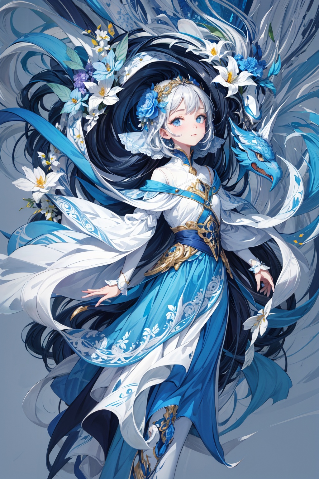 masterpiece, best quality, 1girl, flowers, flat color, lineart, abstract, ornate, blue theme
