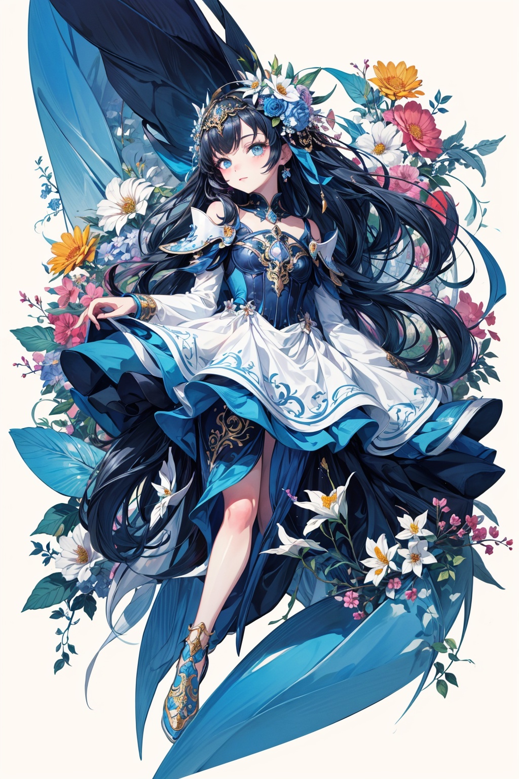 masterpiece, best quality, 1girl, flowers, flat color, lineart, abstract, ornate, blue theme