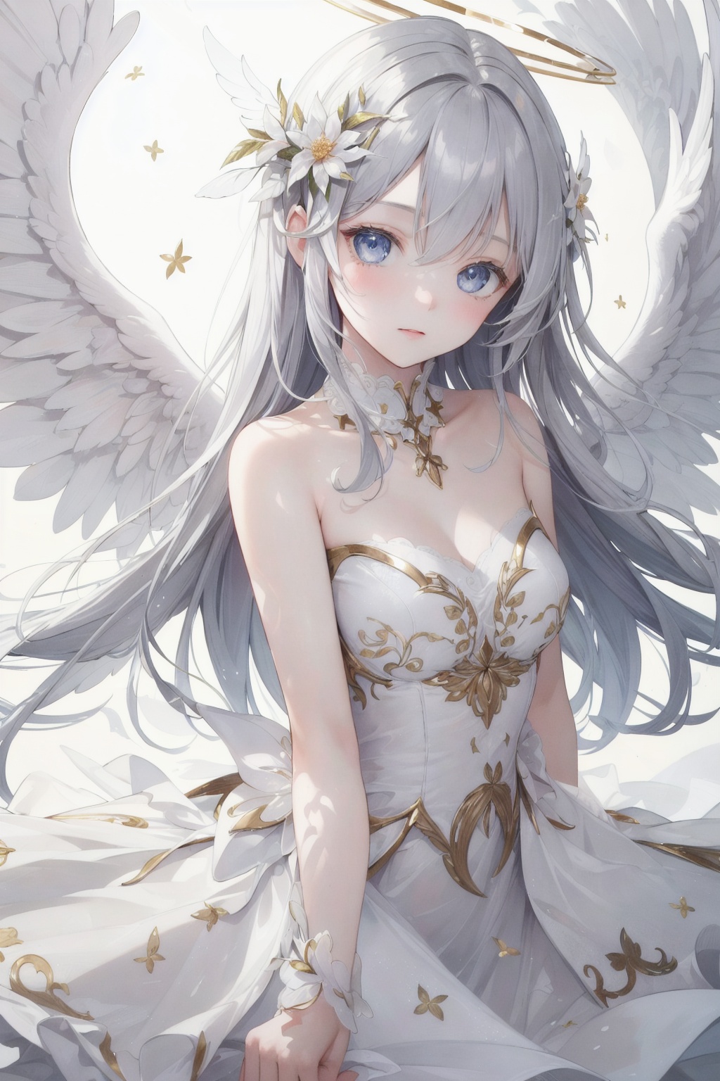 (((masterpiece))), (((best quality))), ((ultra-detailed)), (illustration), (detailed light),((an extremely delicate and beautiful)),(beautiful detailed eyes), (sunlight),(angel),solo,young girls,dynamic angle,floating, bare_shoulders,looking_at_viewer ,wings ,arms_up,halo,Floating white silk,(Holy Light),just like silver stars imploding we absorb the light of day