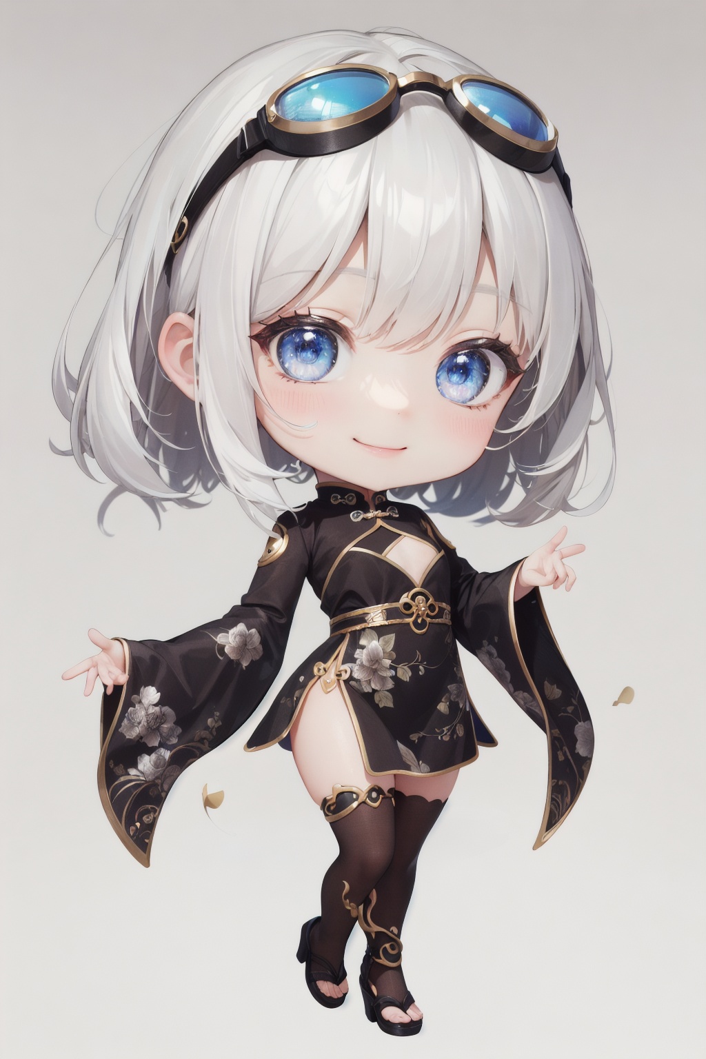 (masterpiece, best quality, absurdres, foreshortening), photo of a highly detailed,(full body:1.2), smile,cute face ,,(studio background),(clean background),(blurry background), 1girl, chibi, (beautiful detailed face), (beautiful detailed eyes),standing in chinese garden, rendered in blender , goggles on head, 