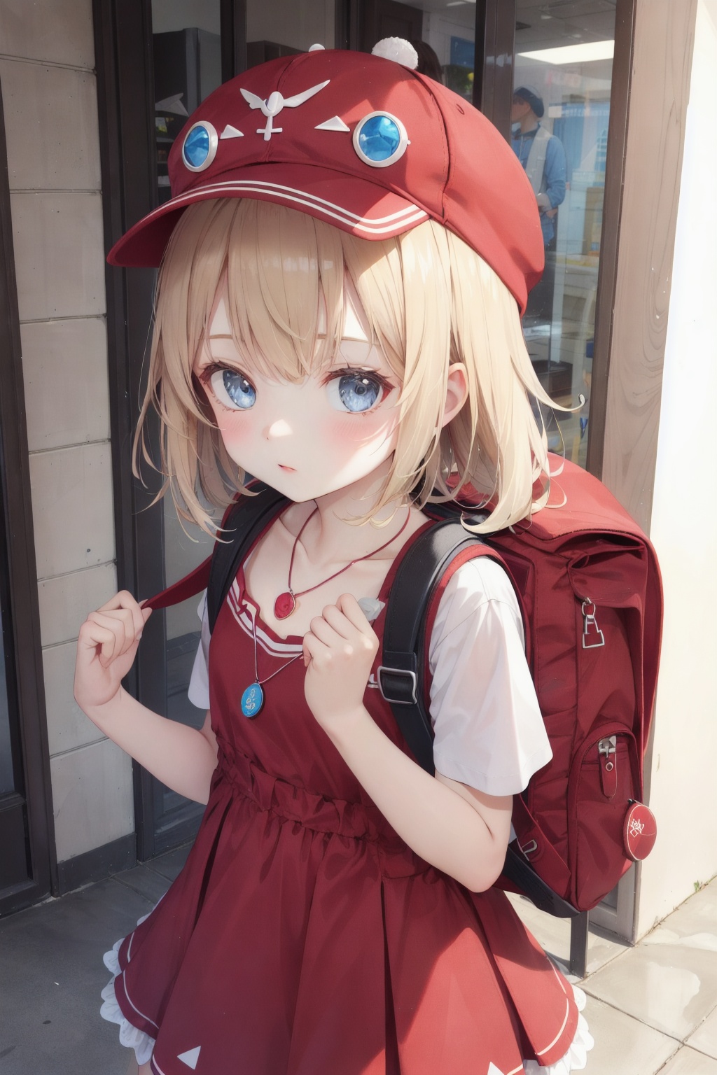 ,blond hair, red dress,stuffed animal, backpack pendant, hat , Backpack, stuffed animal, backpack pendant, hat ,klee
