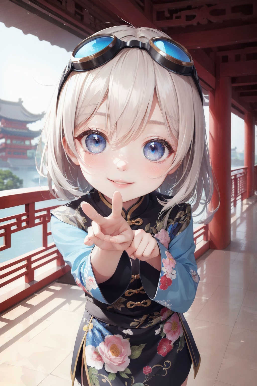 (masterpiece, best quality, absurdres, foreshortening), photo of a highly detailed, smile,cute face ,,(studio background),(clean background),(blurry background), 1girl, chibi, (beautiful detailed face), (beautiful detailed eyes),standing in chinese garden, rendered in blender , goggles on head, 