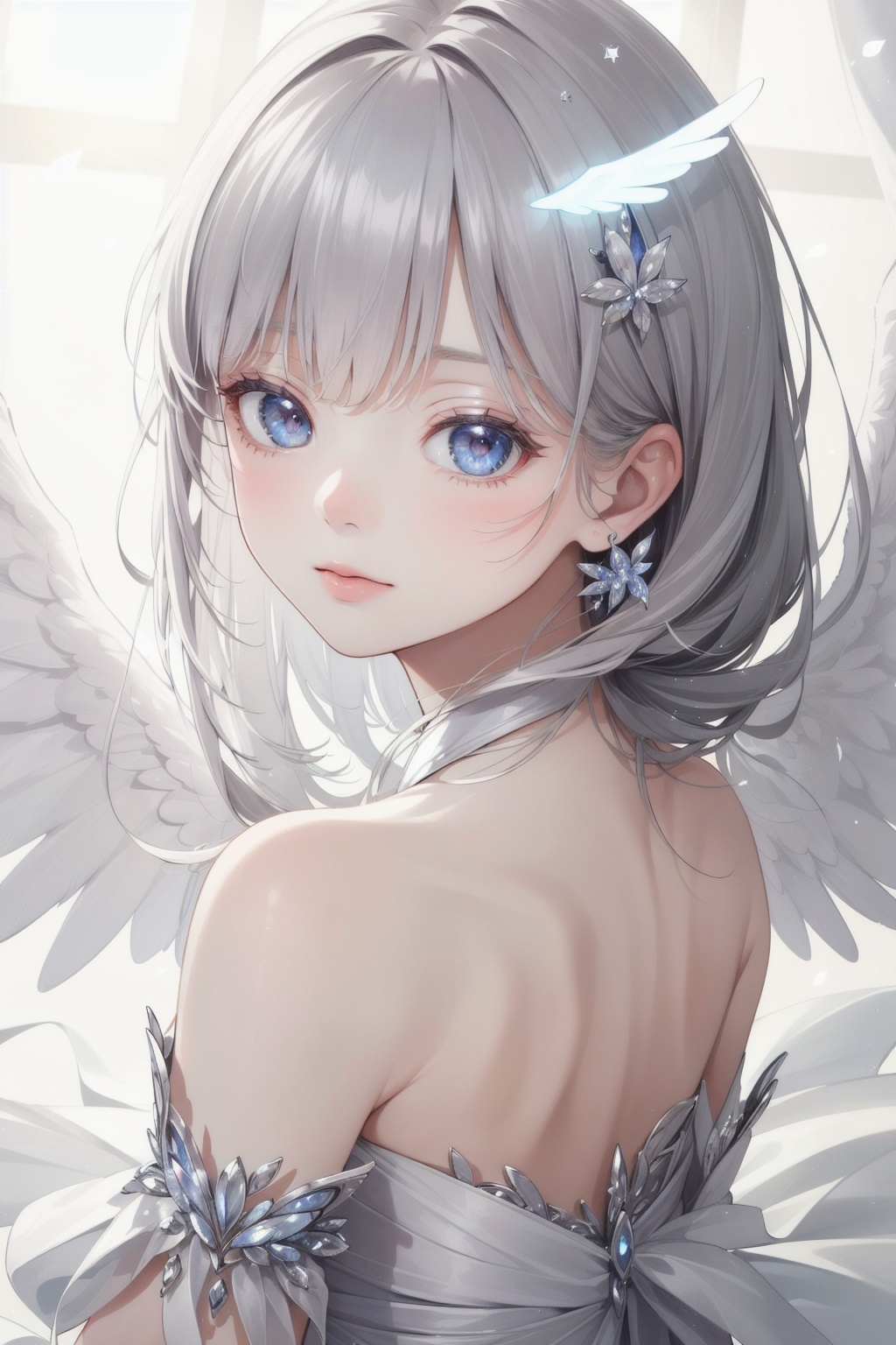 (((masterpiece))), (((best quality))), ((ultra-detailed)), (illustration), (detailed light),((an extremely delicate and beautiful)),(beautiful detailed eyes), (sunlight),(angel),solo,young girls,dynamic angle,floating, bare_shoulders,looking_at_viewer ,wings ,arms_up,halo,Floating white silk,(Holy Light),just like silver stars imploding we absorb the light of day