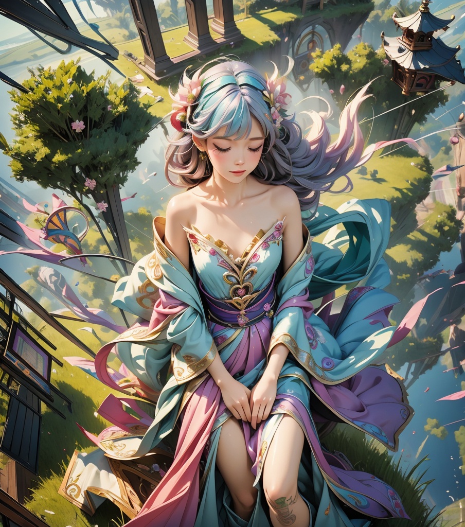  Dreamweaver goddess, fairy, surrealism, rainbow-like hair, illusion, orchestration, symphony of sleep, morning dress, floating in dreams, early morning, lullaby of the subconscious, dream orchestration scene, neck, unity, (from above), tattoo. , 1girl,chinese_clothes,