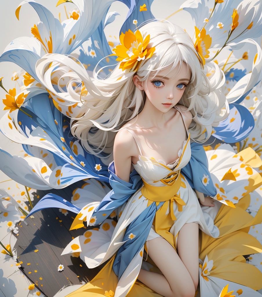 1girl, blue eyes, white long translucent night gown, expressionless, (white hair), hair cover one eye, long hair, yellow hair flower, kneeling on lake, blood, (plenty of yellow petals:1.35), (white background:1.5), (English text), greyscale, monochrome, greyscale, monochrome, sketch,moyou