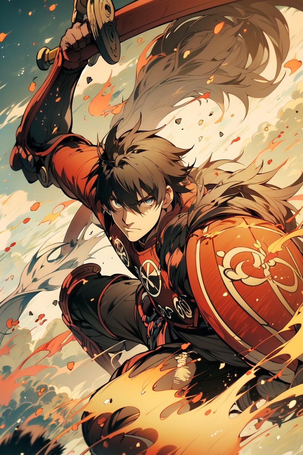  1boy,weapon,wave sword,outdoors,armour,shield