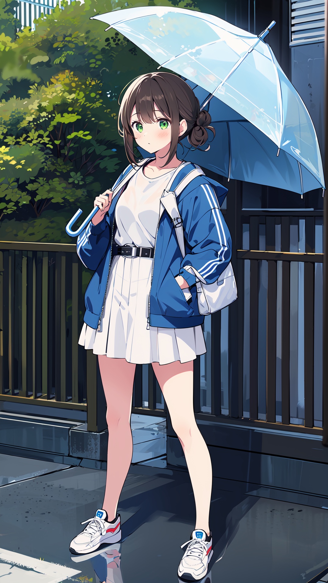 1girl, skirt, solo, umbrella, single hair bun, phone, holding, outdoors, hair bun, shoes, bag, jacket, shirt, transparent, sneakers, cellphone, white shirt, brown hair, holding phone, blush, standing, holding umbrella, reflection, belt, transparent umbrella, bangs, shoulder bag, white footwear, smartphone, open clothes, blue jacket, green eyes, fence, open jacket