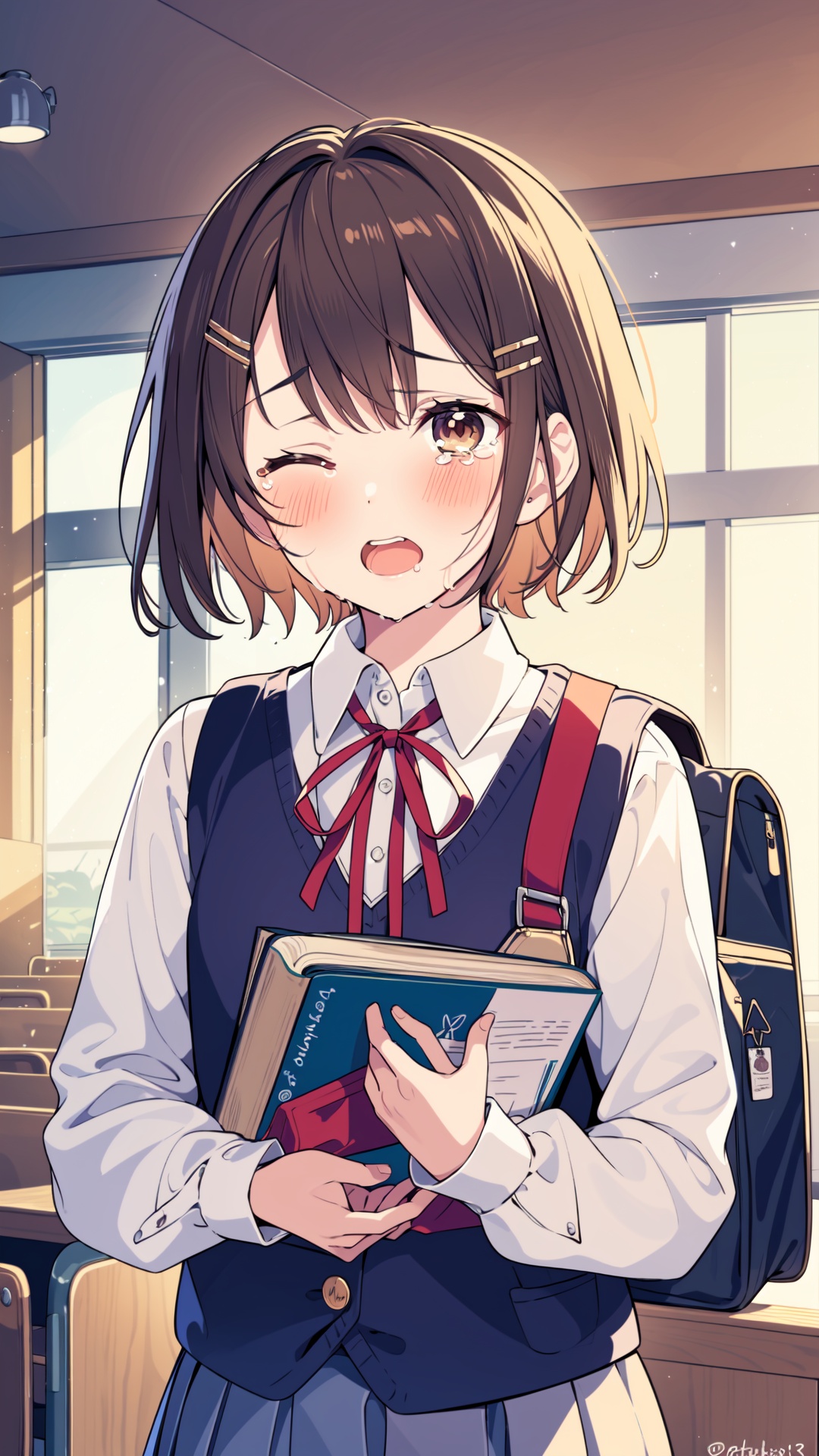 1girl, brown hair, one eye closed, hair ornament, solo, short hair, brown eyes, hairclip, blush, school uniform, bag, tears, shirt, ribbon, indoors, white shirt, red ribbon, book, tearing up, long sleeves, twitter username, school bag, neck ribbon, bangs, open mouth, black vest, desk, vest