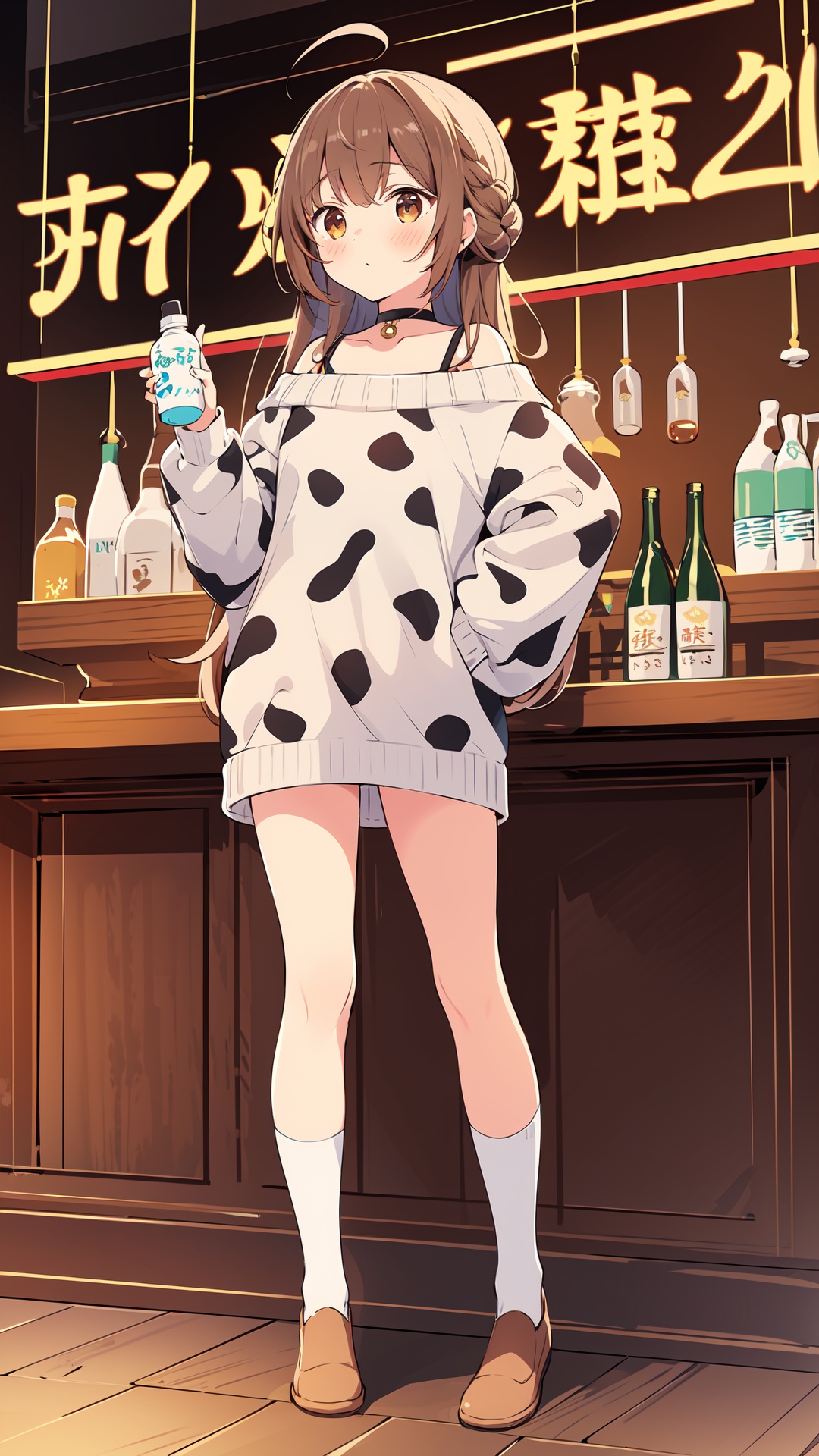 1girl, long hair, sweater, animal print, cow print, chinese zodiac, drinking, braid, 2021, milk bottle, new year, year of the ox, off shoulder, choker, socks, bottle, long sleeves, brown eyes, milk, brown hair, solo, ahoge, hand on hip, holding bottle, holding, standing, black choker, brown socks, happy new year, bangs, off-shoulder sweater, dress, no shoes, full body, blush, puffy long sleeves, light brown hair, sweater dress, puffy sleeves