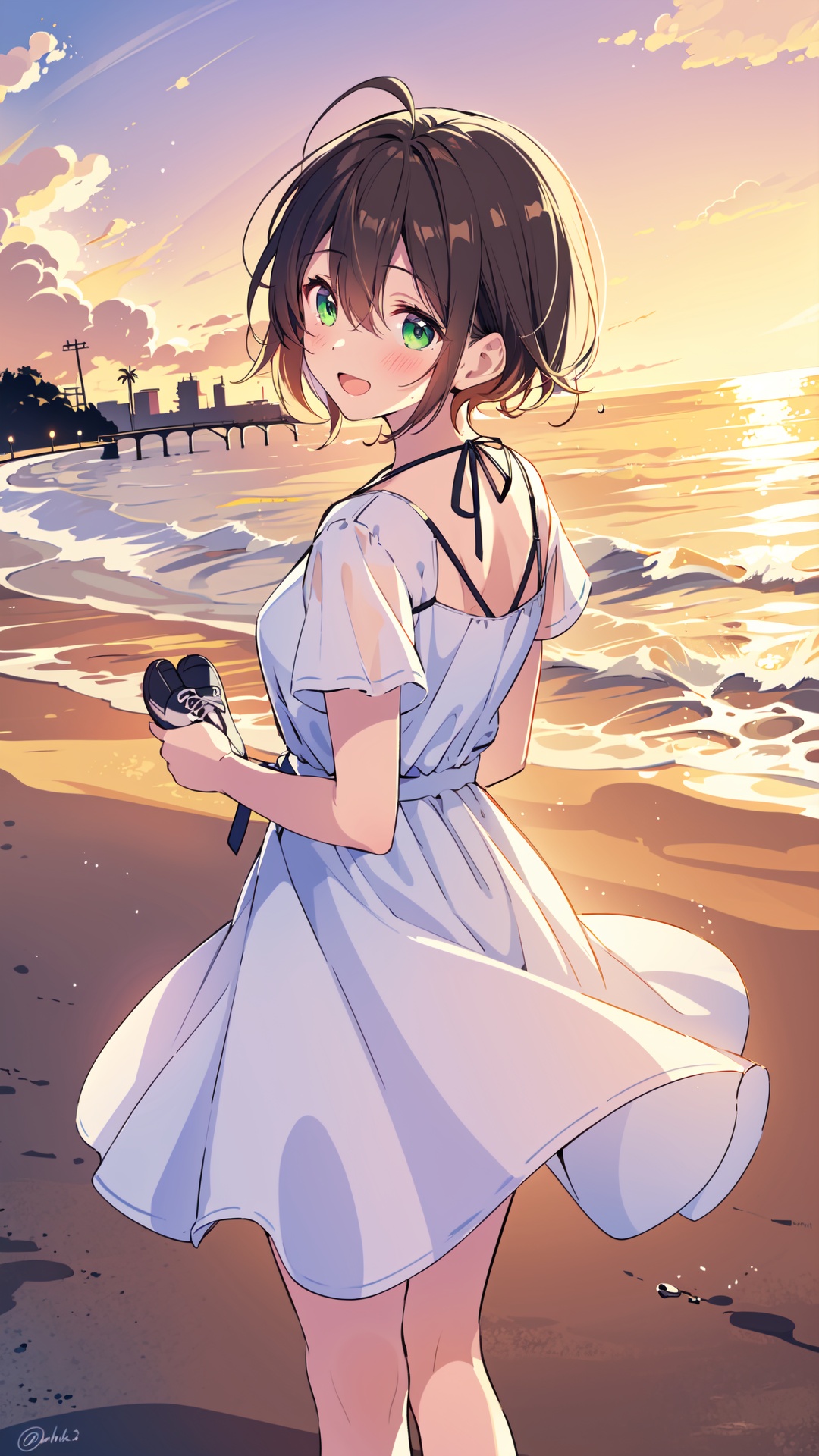1girl, dress, holding shoes, green eyes, solo, white dress, looking at viewer, brown hair, smile, looking back, ocean, outdoors, open mouth, holding, beach, blush, shoes removed, sky, white footwear, cloud, shoes, short sleeves, ahoge, hair between eyes, from behind, high heels, short hair, sunset, twitter username, :d