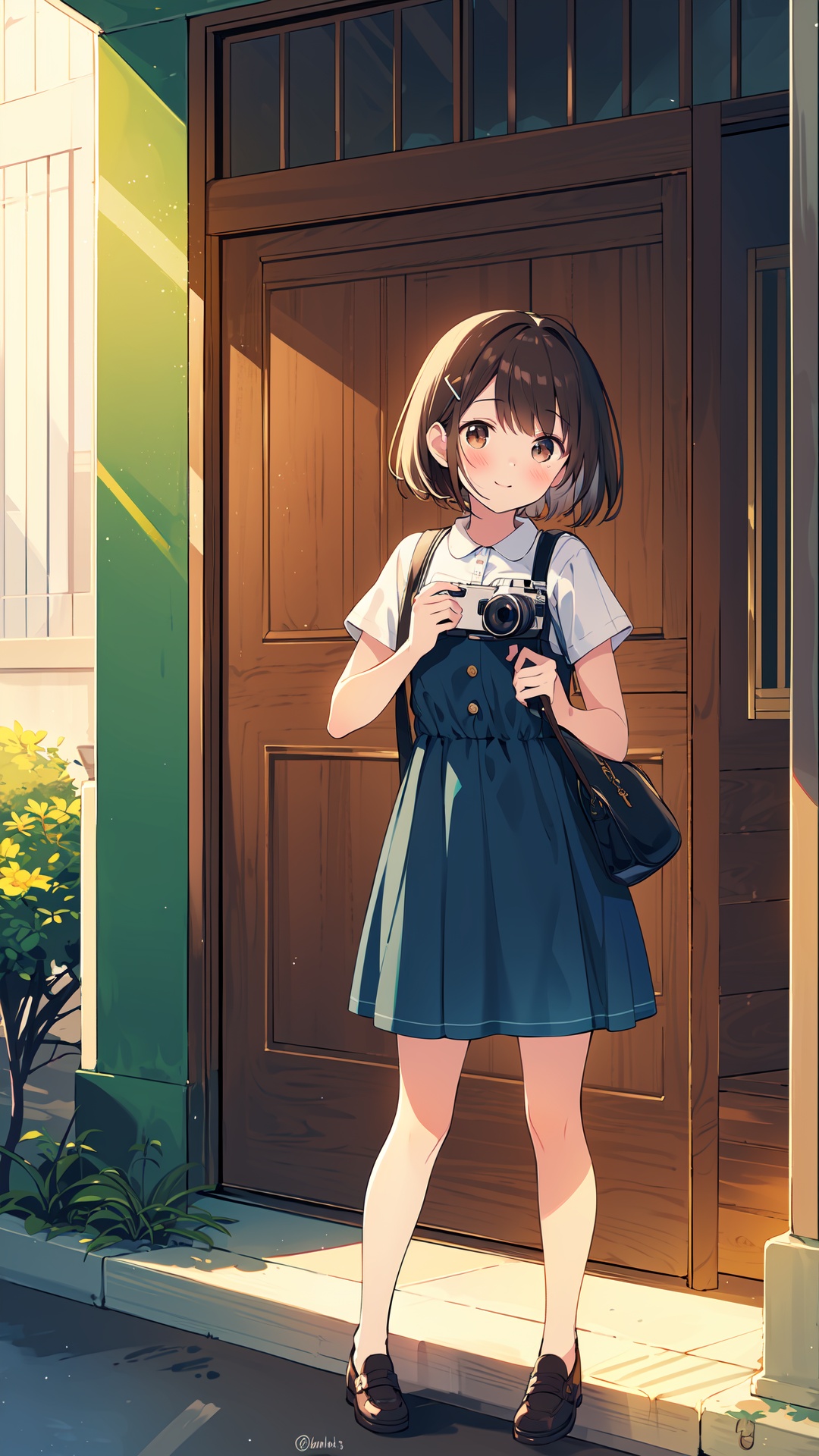 1girl, camera, holding camera, brown hair, dress, bag, holding, solo, hair ornament, brown eyes, shirt, hairclip, short sleeves, short hair, white shirt, outdoors, window, smile, pinafore dress, blush, collared shirt, twitter username, closed mouth, day, tree, standing, bangs, shoulder bag, blue dress, green dress, building, ground vehicle, handbag, shadow, sunlight
